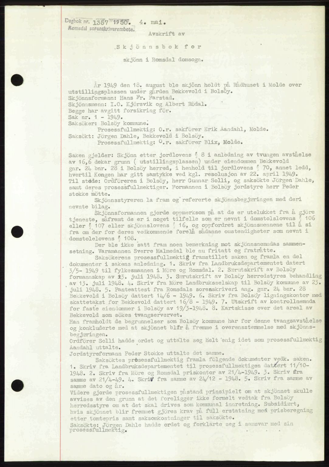 Romsdal sorenskriveri, SAT/A-4149/1/2/2C: Pantebok nr. A33, 1950-1950, Dagboknr: 1357/1950