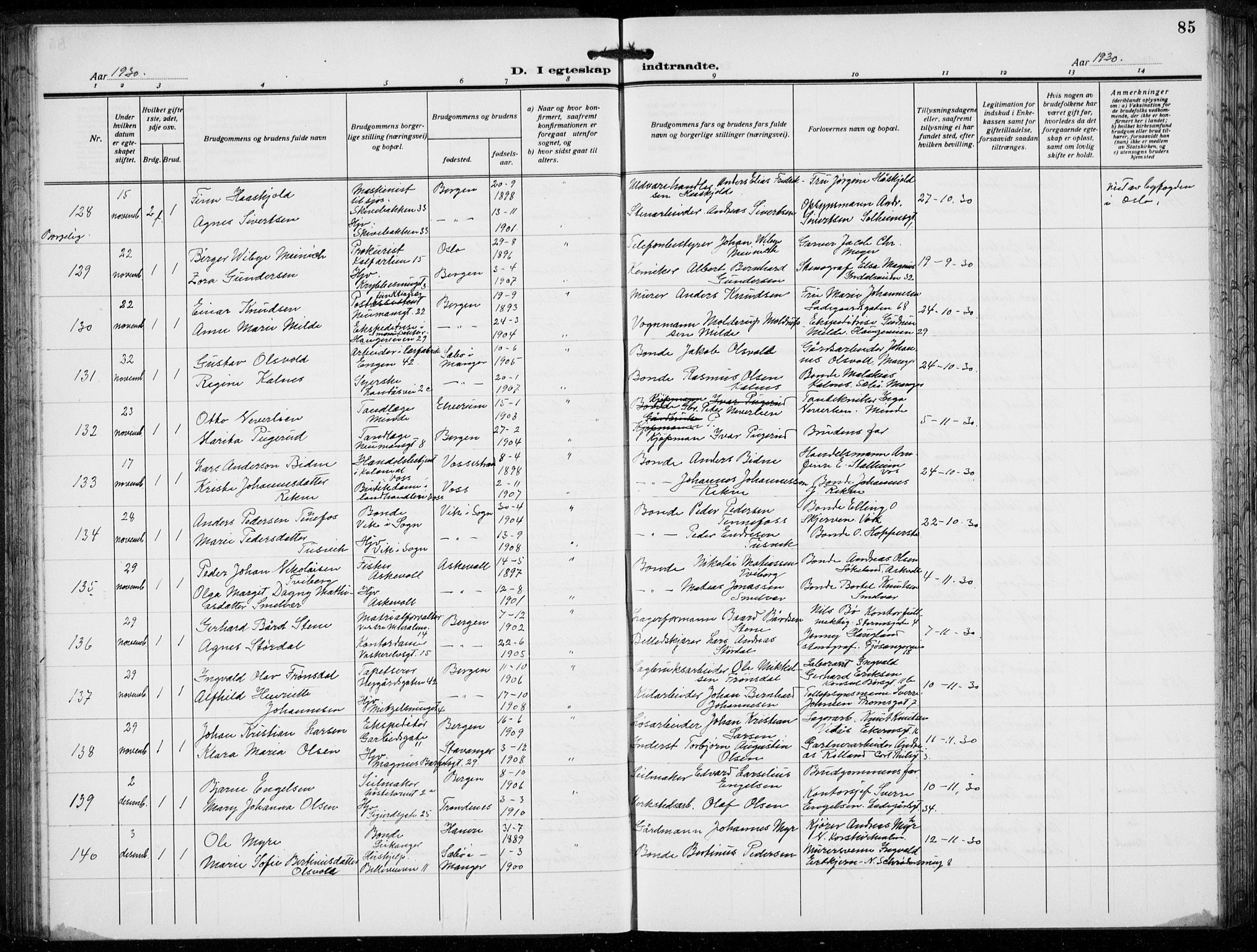 Domkirken sokneprestembete, AV/SAB-A-74801/H/Hab/L0034: Klokkerbok nr. D 6, 1924-1941, s. 85