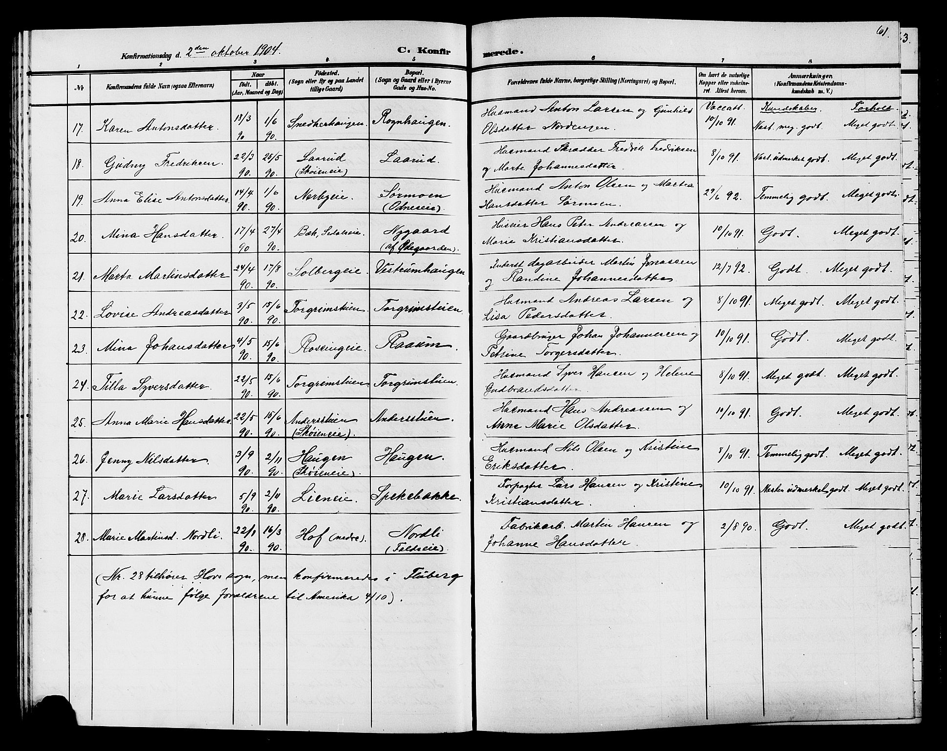 Søndre Land prestekontor, AV/SAH-PREST-122/L/L0005: Klokkerbok nr. 5, 1902-1911, s. 61