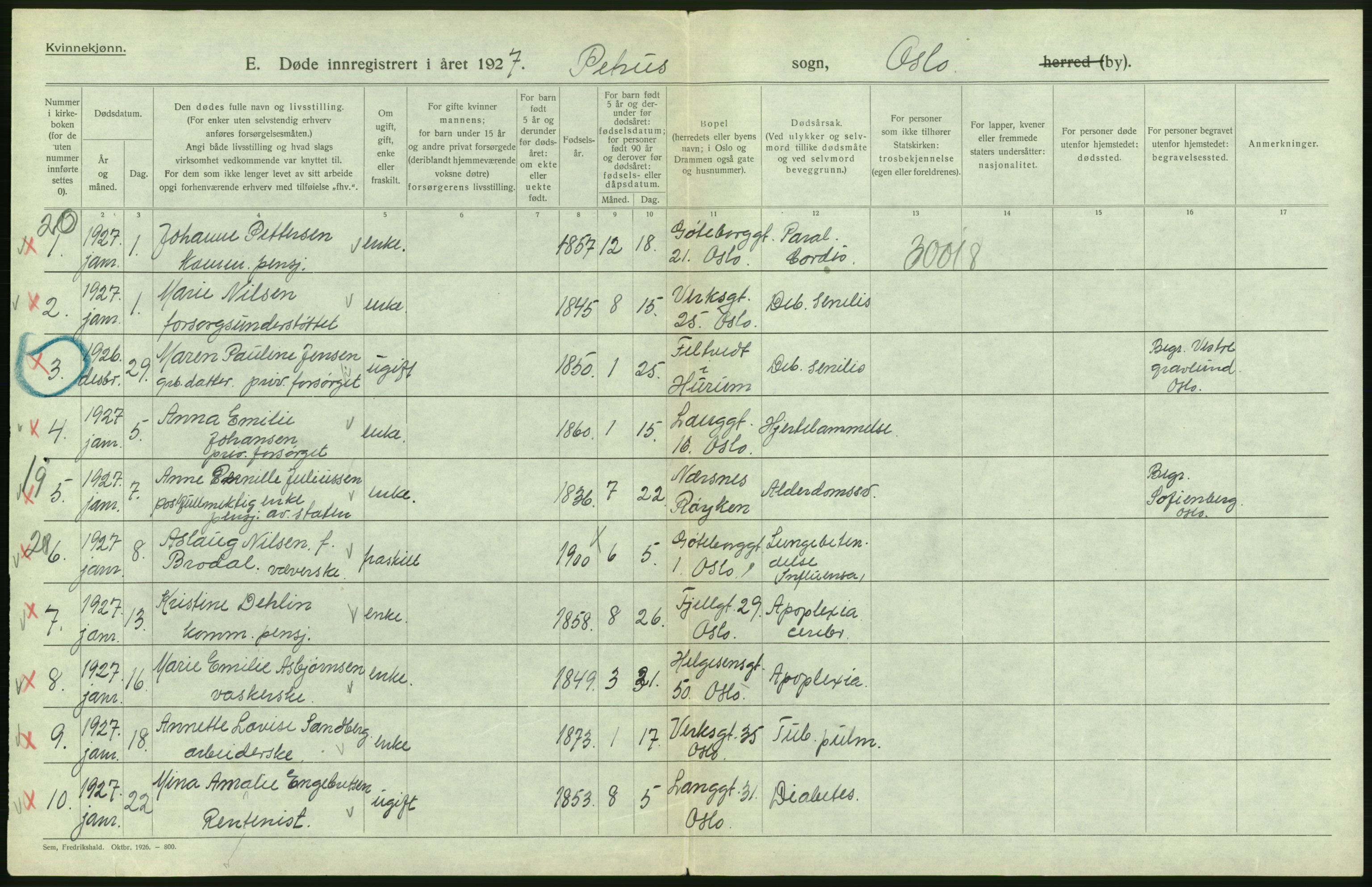 Statistisk sentralbyrå, Sosiodemografiske emner, Befolkning, AV/RA-S-2228/D/Df/Dfc/Dfcg/L0010: Oslo: Døde kvinner, dødfødte, 1927, s. 402