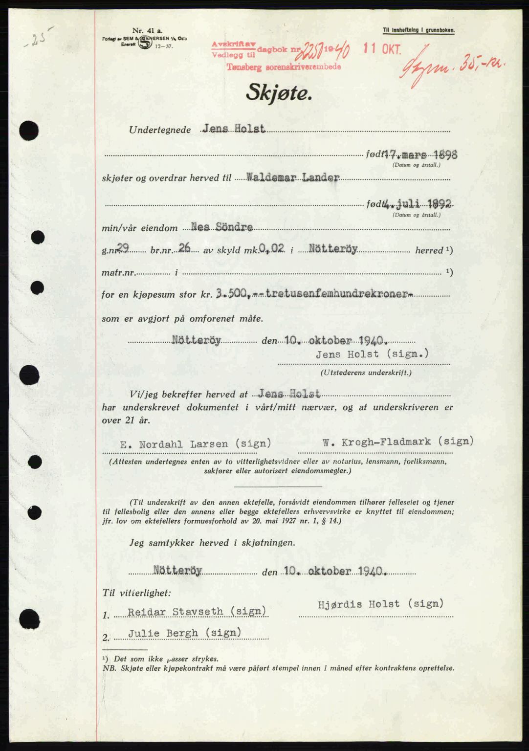 Tønsberg sorenskriveri, AV/SAKO-A-130/G/Ga/Gaa/L0009: Pantebok nr. A9, 1940-1941, Dagboknr: 2250/1940