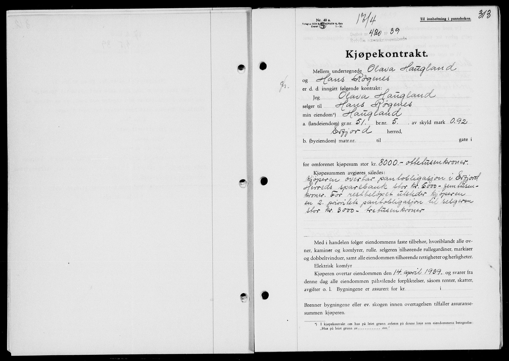 Ryfylke tingrett, SAST/A-100055/001/II/IIB/L0079: Pantebok nr. 58, 1939-1939, Dagboknr: 420/1939