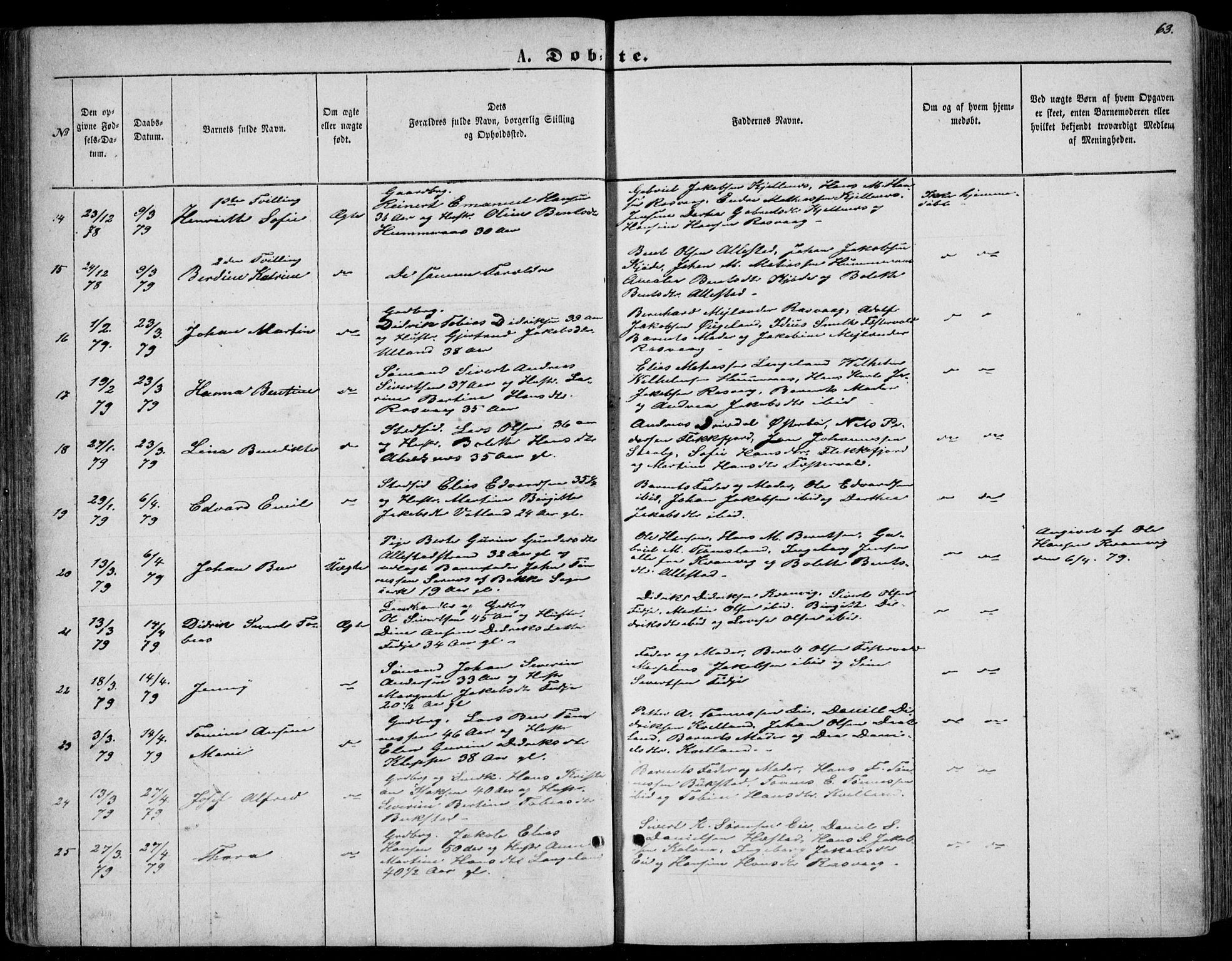 Flekkefjord sokneprestkontor, AV/SAK-1111-0012/F/Fb/Fbb/L0003: Klokkerbok nr. B 3, 1867-1889, s. 63