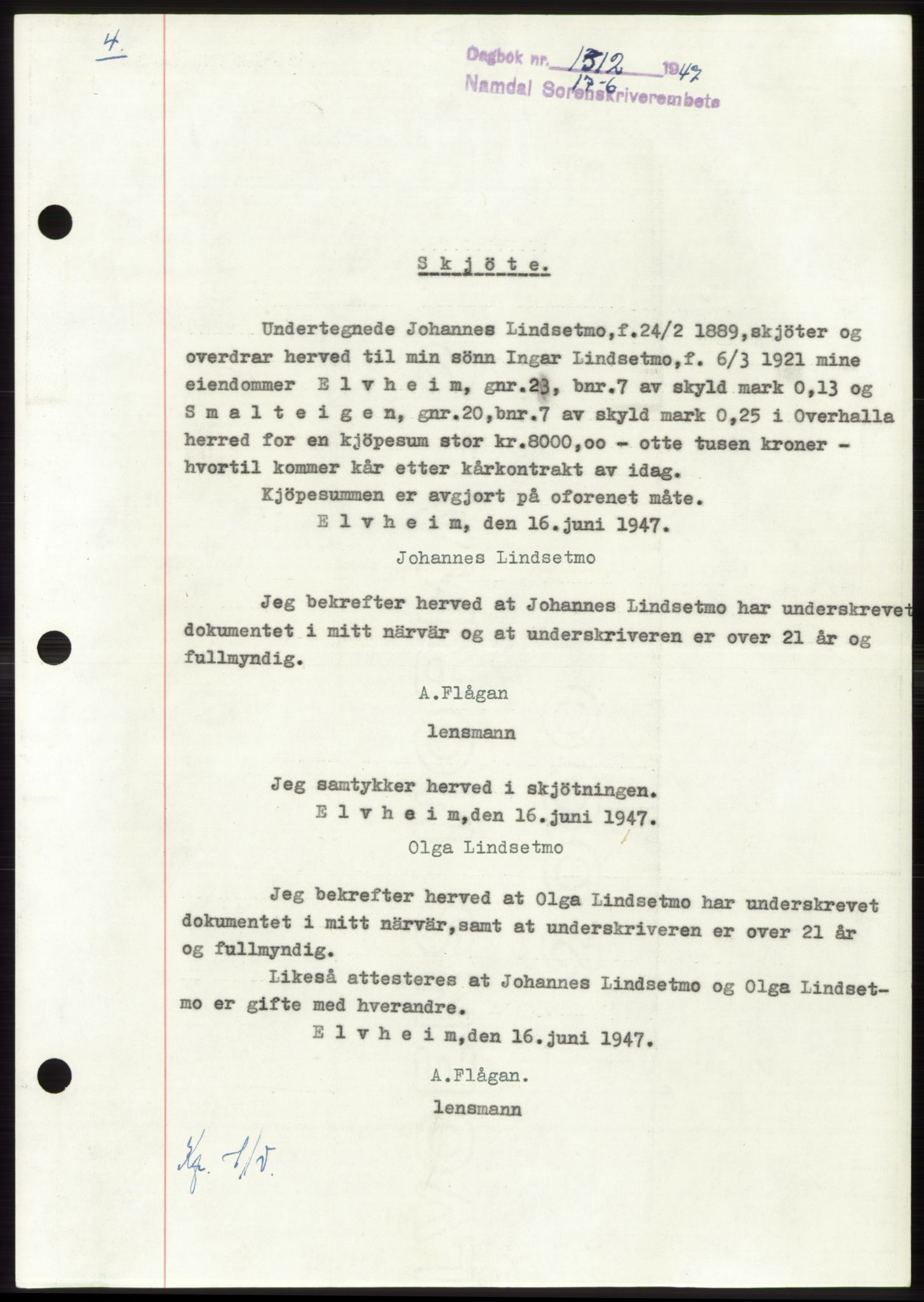 Namdal sorenskriveri, SAT/A-4133/1/2/2C: Pantebok nr. -, 1947-1947, Dagboknr: 1312/1947