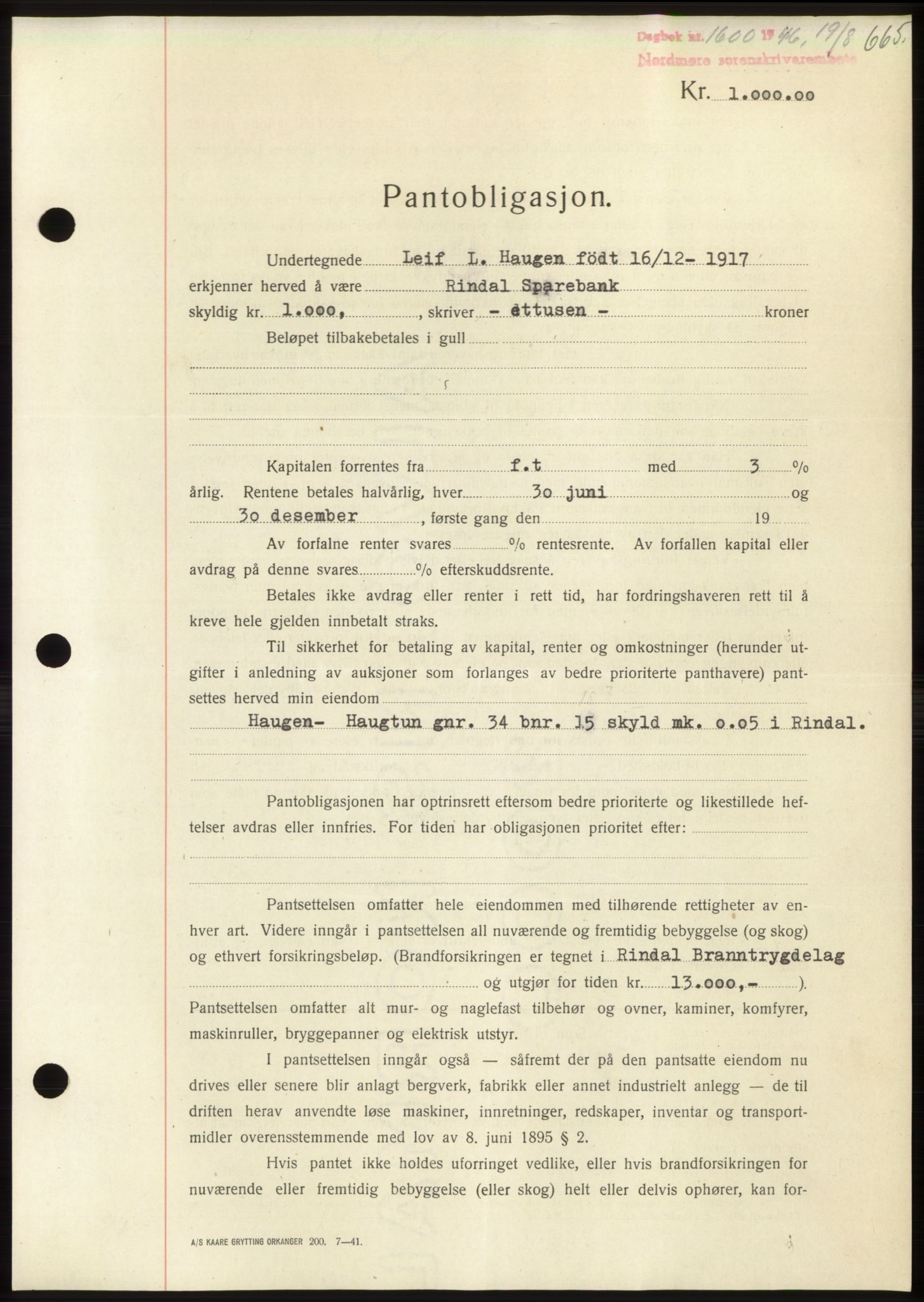Nordmøre sorenskriveri, SAT/A-4132/1/2/2Ca: Pantebok nr. B94, 1946-1946, Dagboknr: 1600/1946