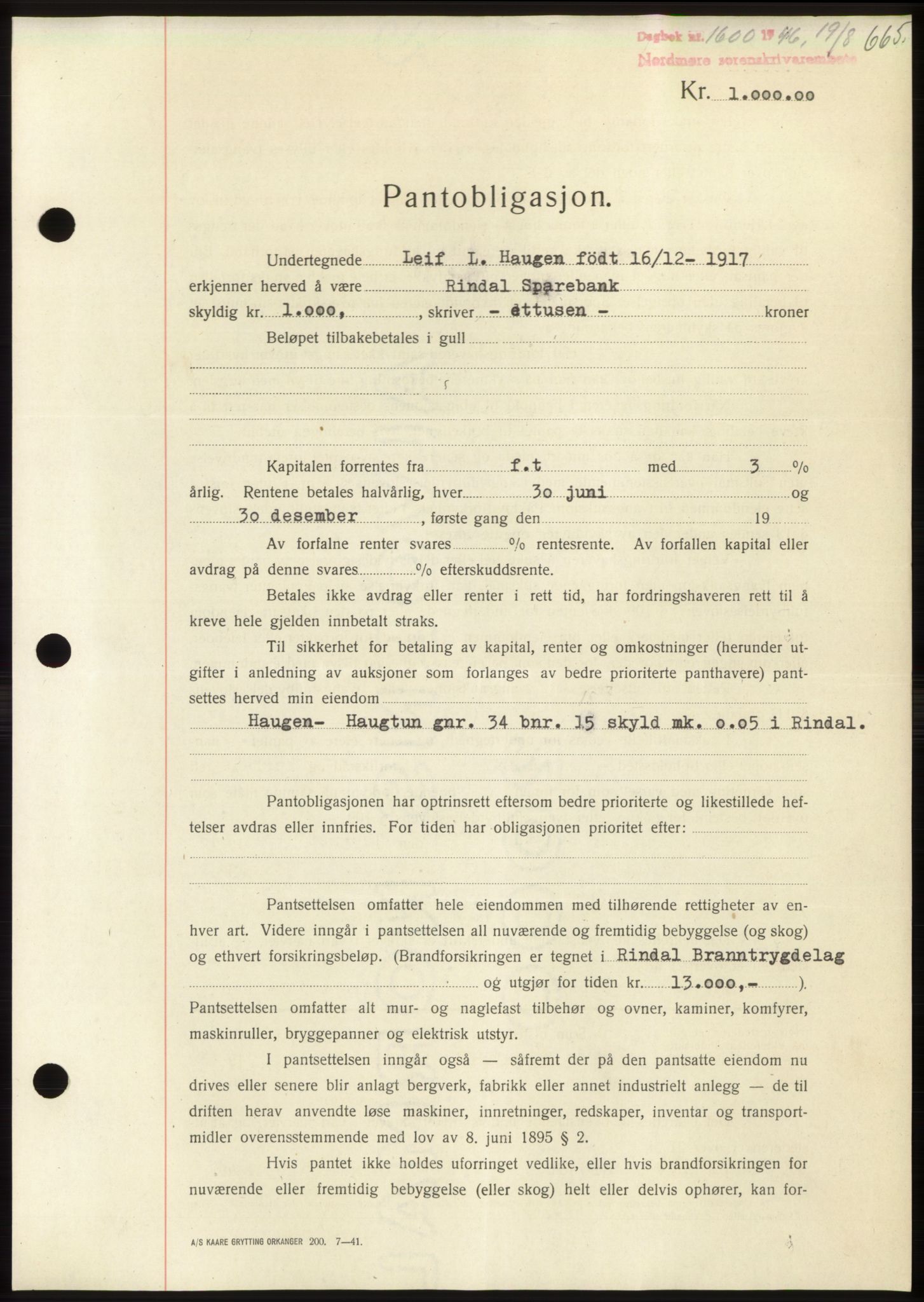 Nordmøre sorenskriveri, AV/SAT-A-4132/1/2/2Ca: Pantebok nr. B94, 1946-1946, Dagboknr: 1600/1946