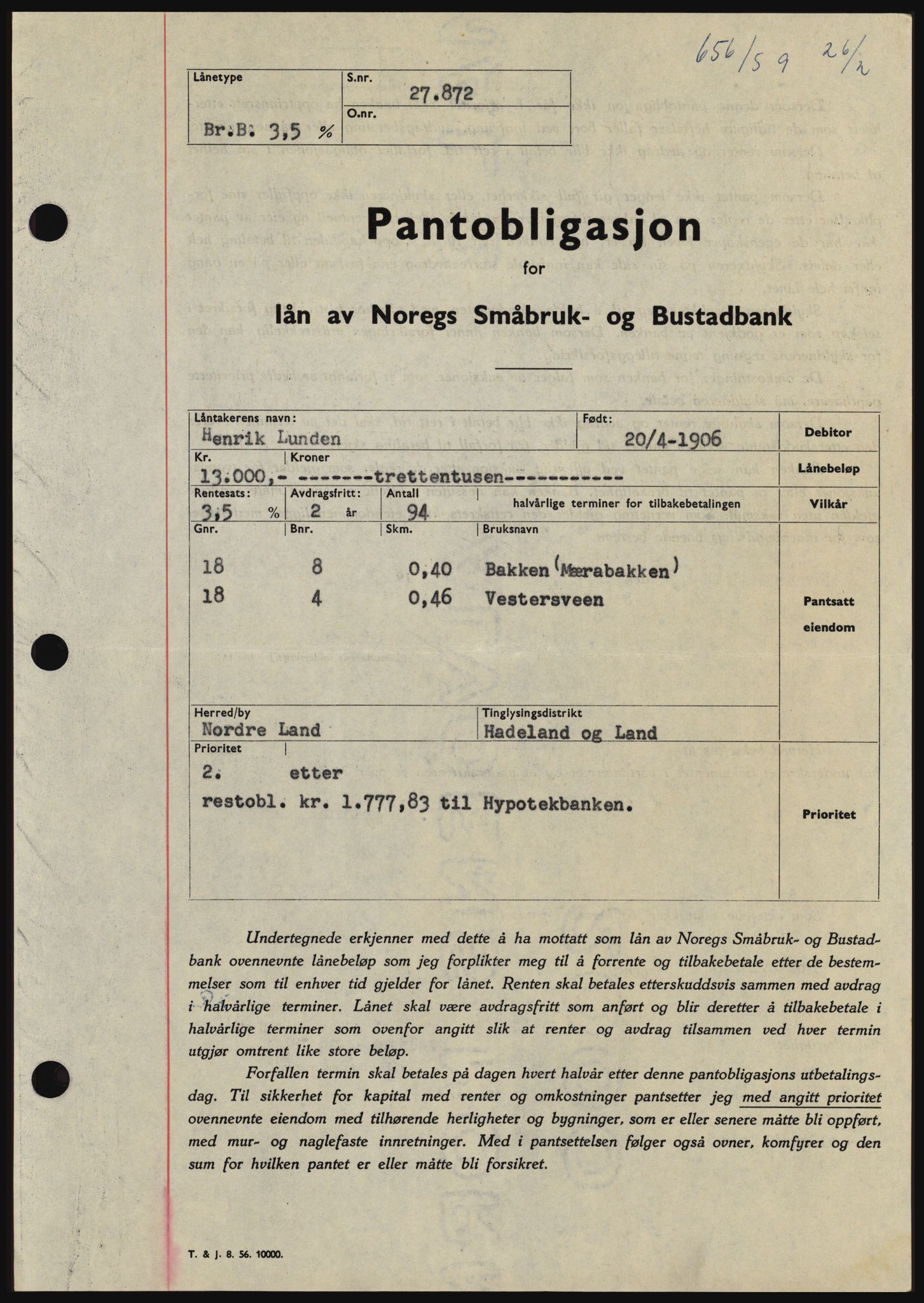 Hadeland og Land tingrett, SAH/TING-010/H/Hb/Hbc/L0040: Pantebok nr. B40, 1959-1959, Dagboknr: 656/1959