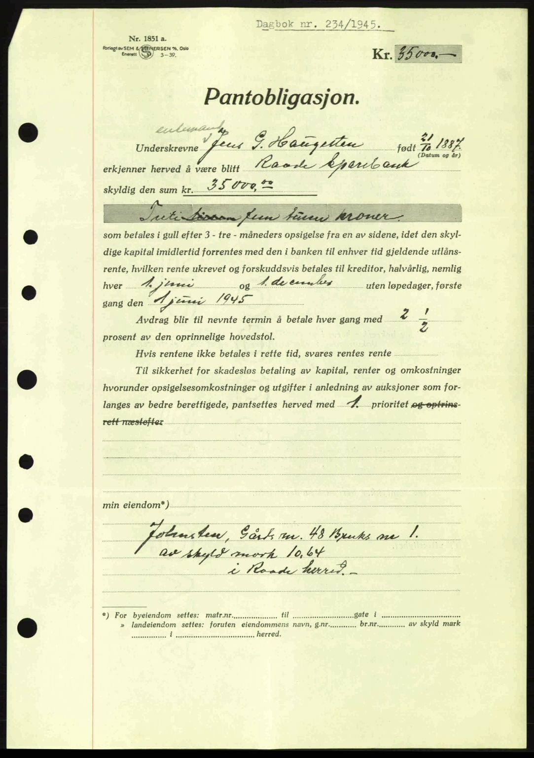 Moss sorenskriveri, SAO/A-10168: Pantebok nr. B13, 1943-1945, Dagboknr: 234/1945