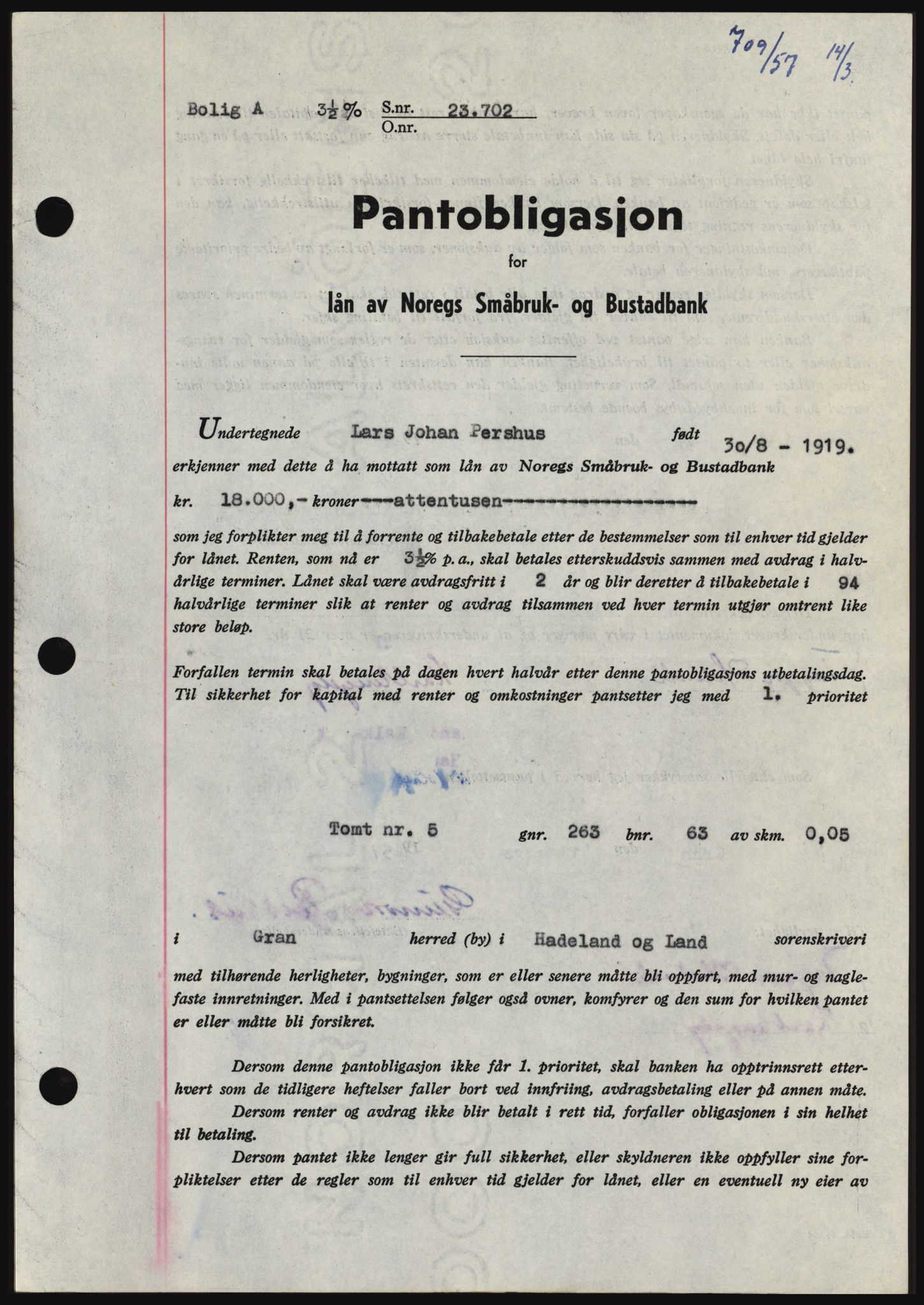Hadeland og Land tingrett, SAH/TING-010/H/Hb/Hbc/L0035: Pantebok nr. B35, 1956-1957, Dagboknr: 709/1957