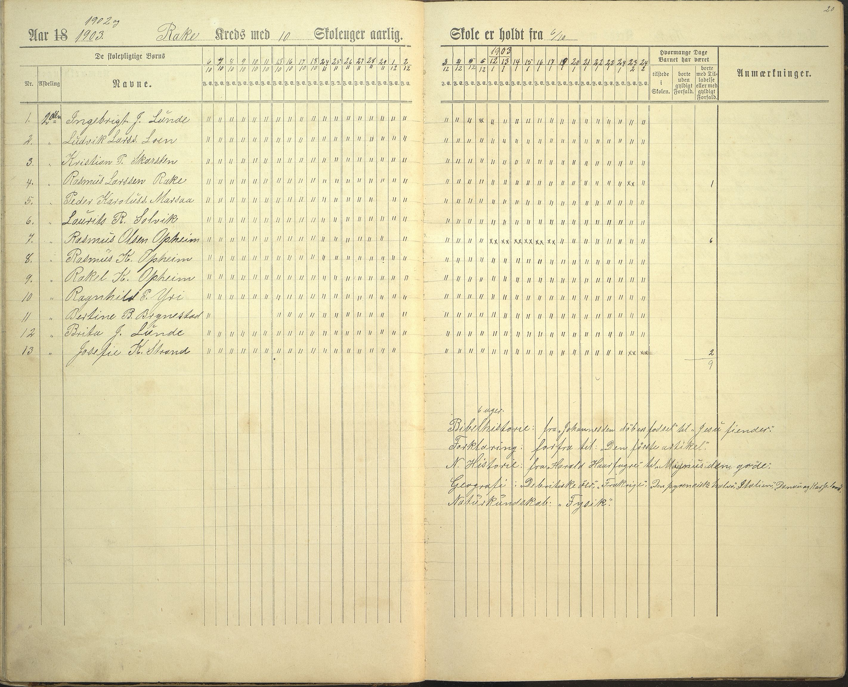 Innvik kommune. Rake skule, VLFK/K-14470.520.23/543/L0002: dagbok for Rake skule og Skarstein skule, 1894-1909, s. 20