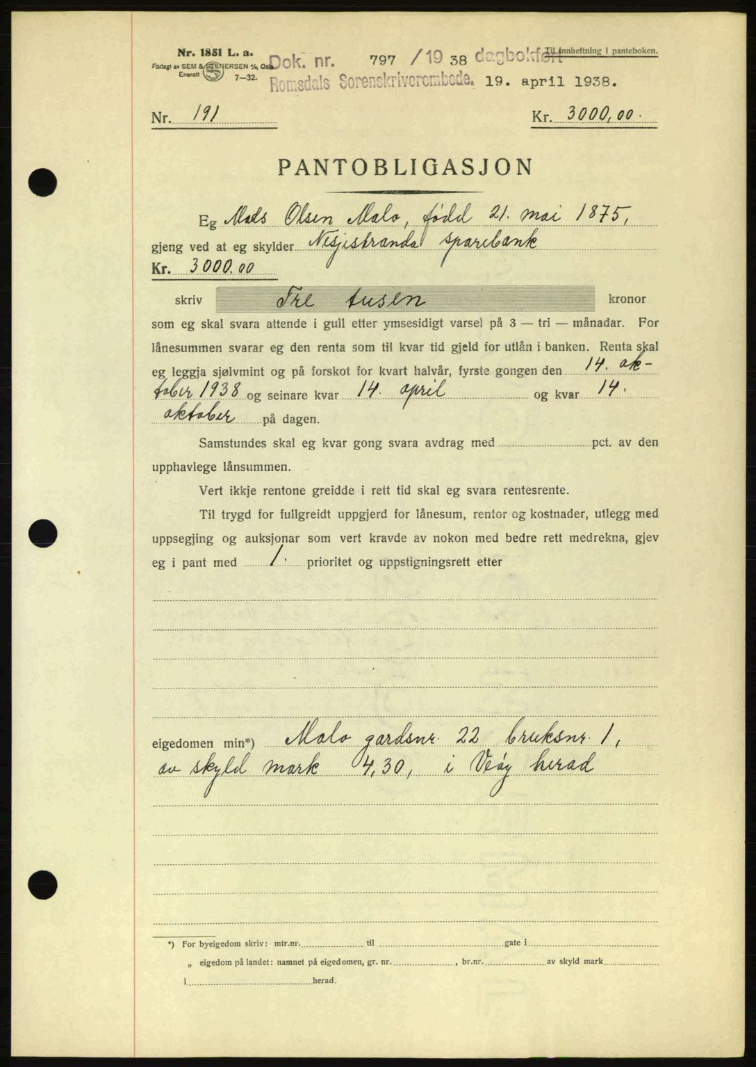 Romsdal sorenskriveri, SAT/A-4149/1/2/2C: Pantebok nr. B1, 1936-1939, Dagboknr: 797/1938
