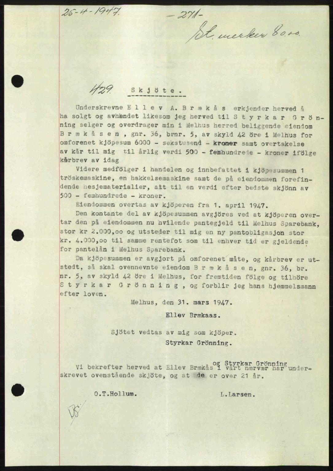 Gauldal sorenskriveri, SAT/A-0014/1/2/2C: Pantebok nr. A3, 1947-1947, Dagboknr: 429/1947