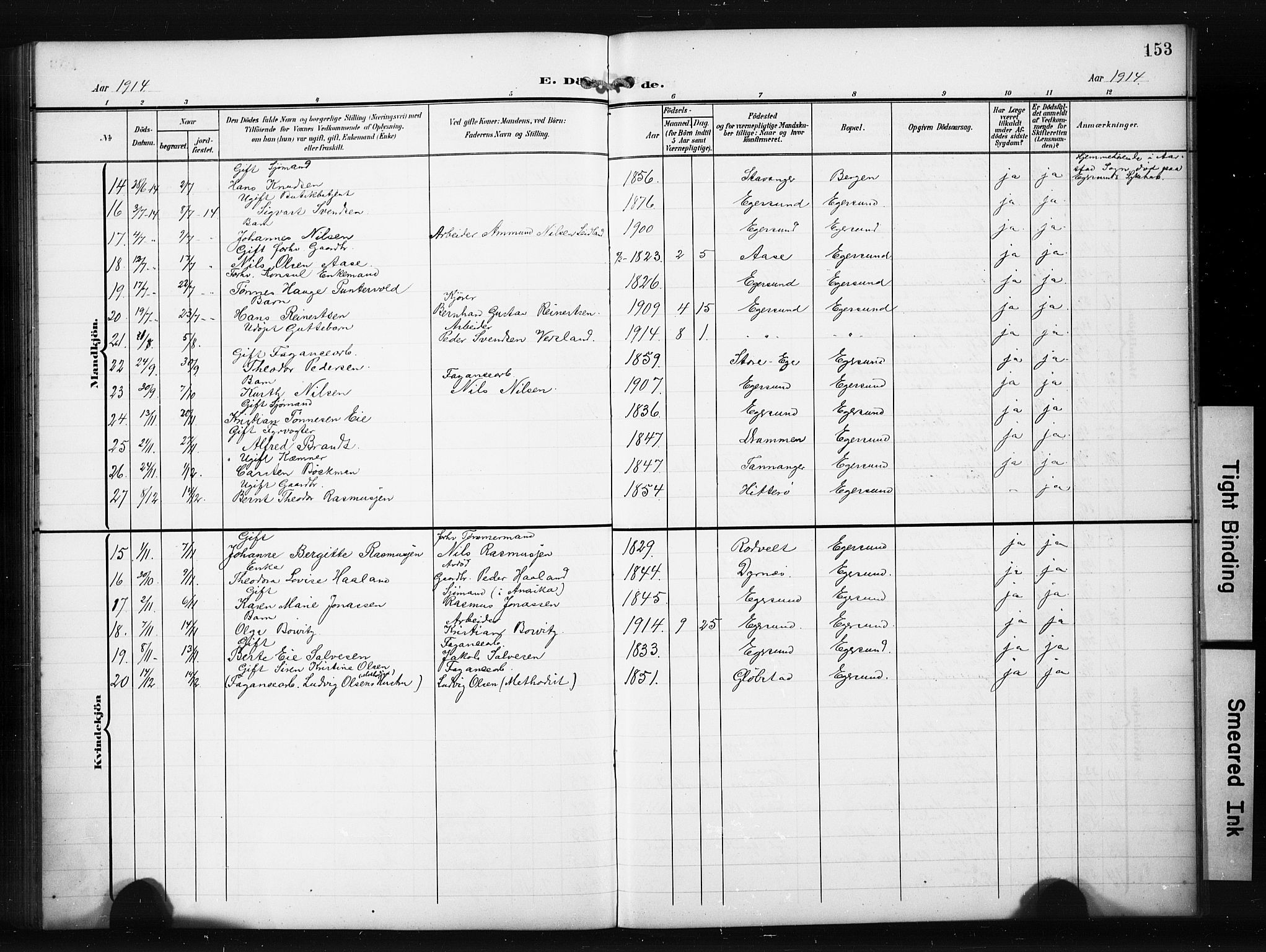 Eigersund sokneprestkontor, AV/SAST-A-101807/001/30/30BB/L0012: Klokkerbok nr. B 12, 1908-1930, s. 153