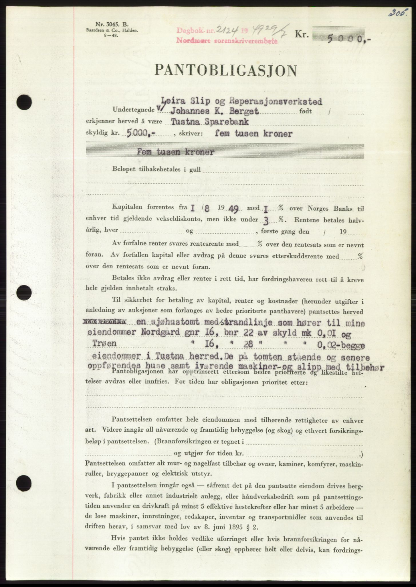 Nordmøre sorenskriveri, SAT/A-4132/1/2/2Ca: Pantebok nr. B102, 1949-1949, Dagboknr: 2124/1949