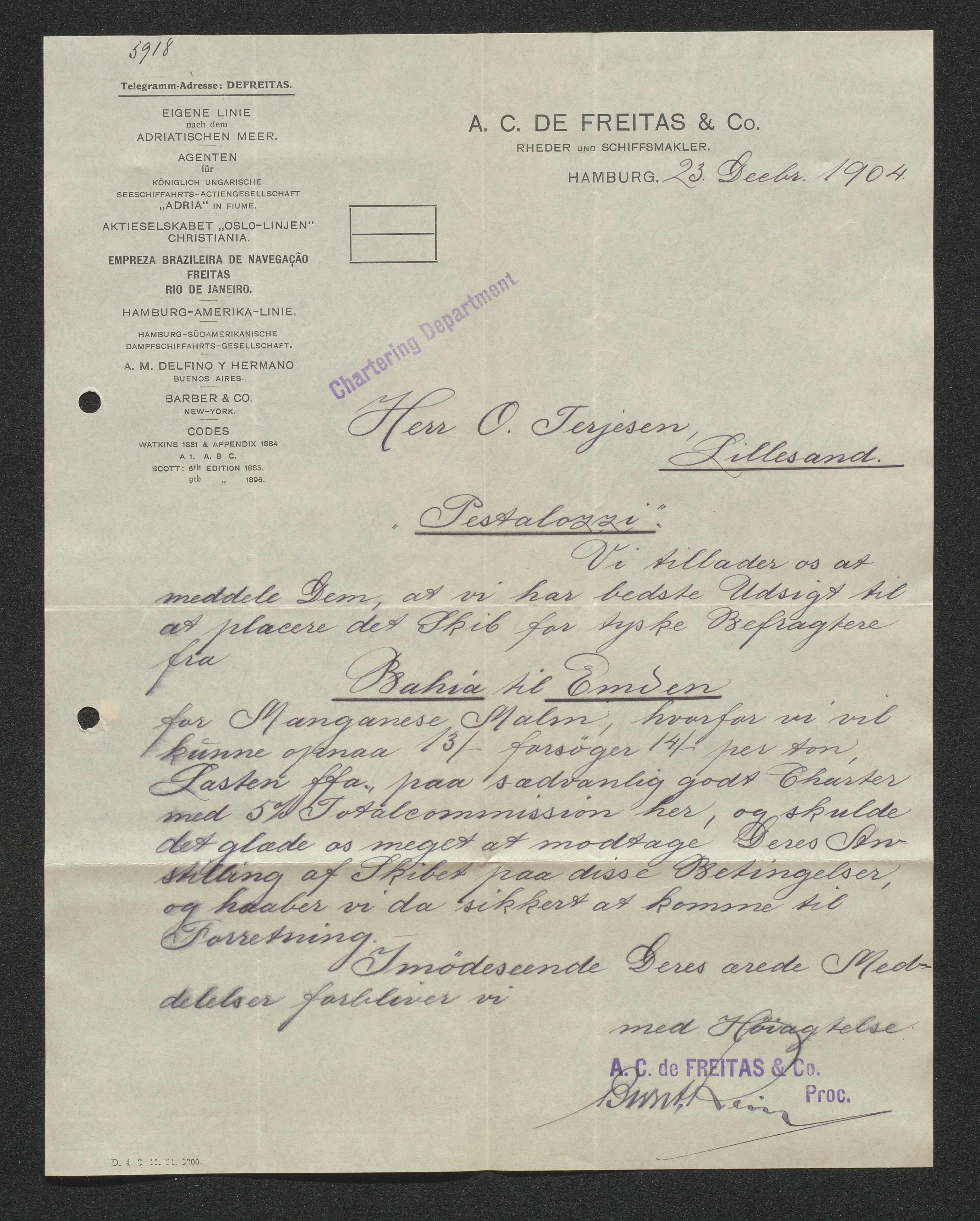 O. Terjesens rederi, AAKS/PA-2525/E/E01/L0013: Korrespondanse, 1904-1905