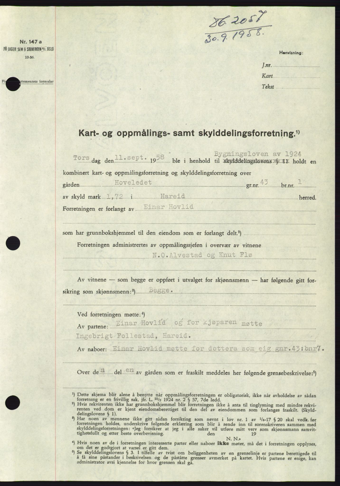 Søre Sunnmøre sorenskriveri, AV/SAT-A-4122/1/2/2C/L0110: Pantebok nr. 36A, 1958-1958, Dagboknr: 2057/1958