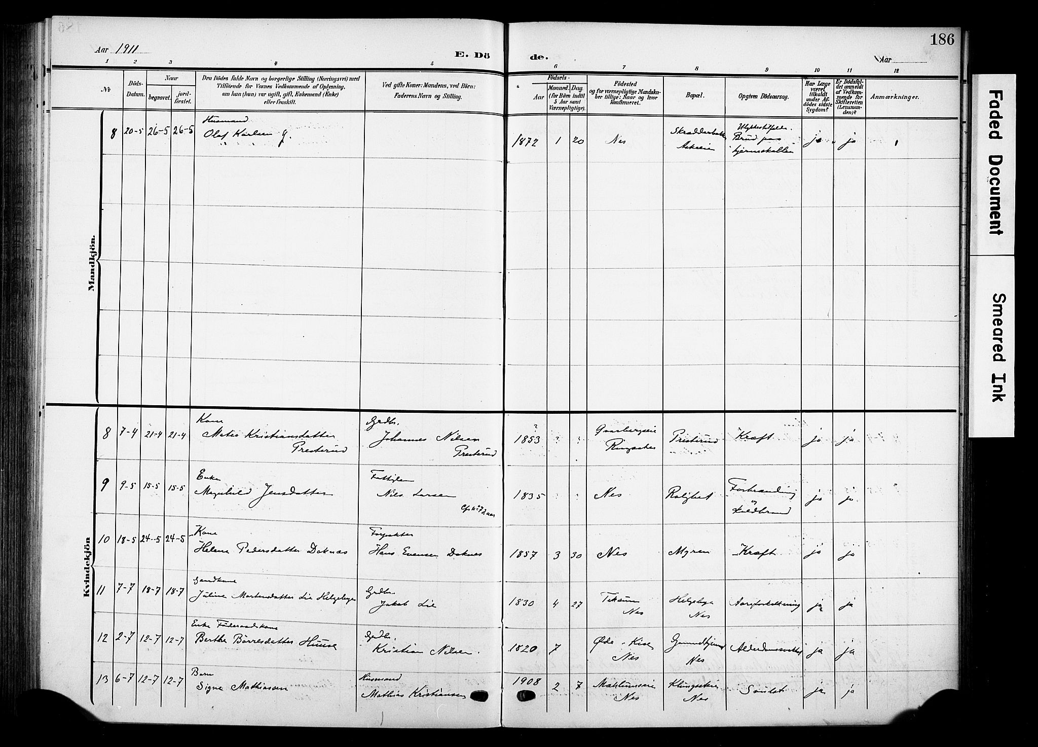 Nes prestekontor, Hedmark, AV/SAH-PREST-020/K/Ka/L0013: Ministerialbok nr. 13, 1906-1924, s. 186