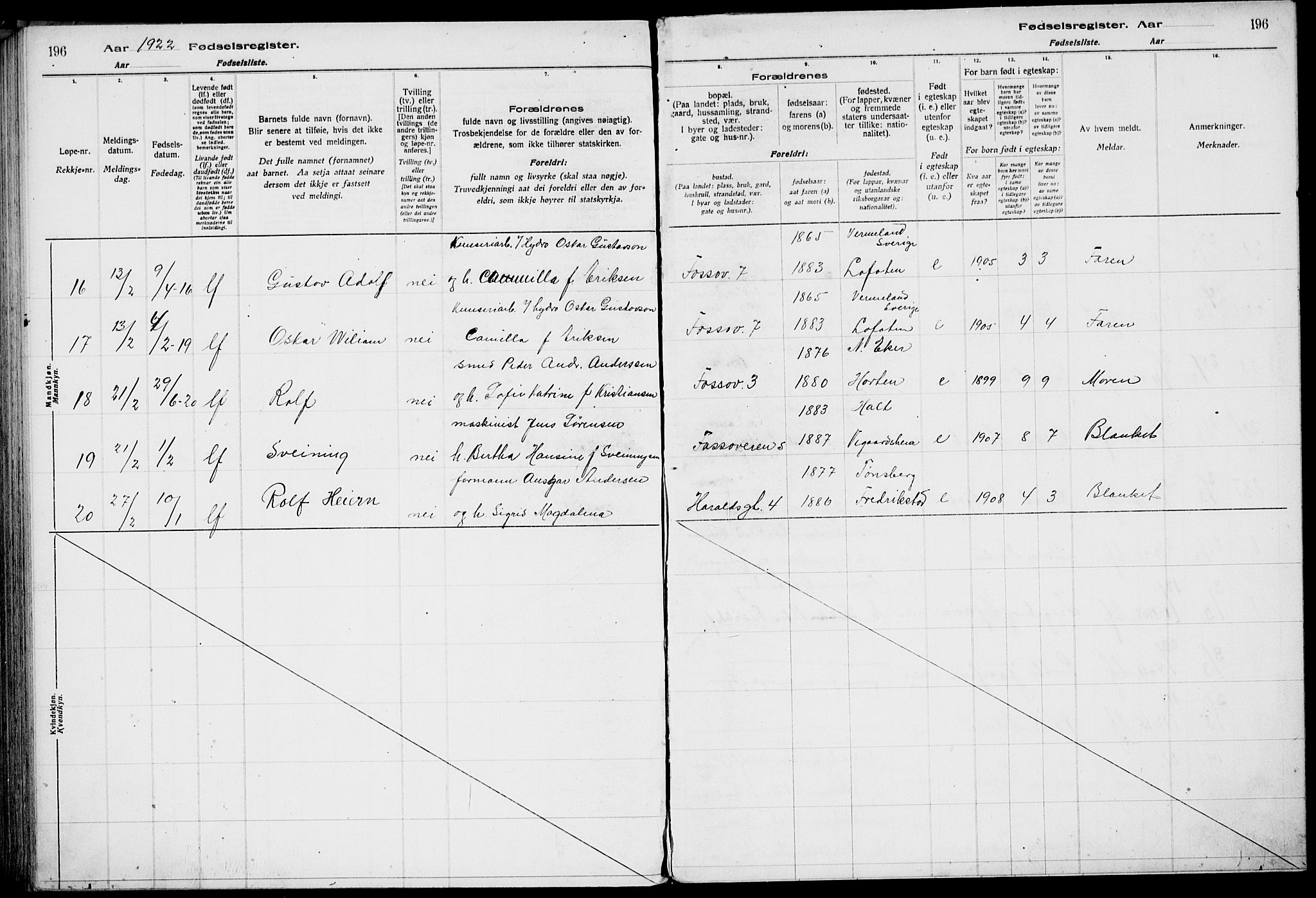 Rjukan kirkebøker, AV/SAKO-A-294/J/Ja/L0001: Fødselsregister nr. 1, 1916-1922, s. 196