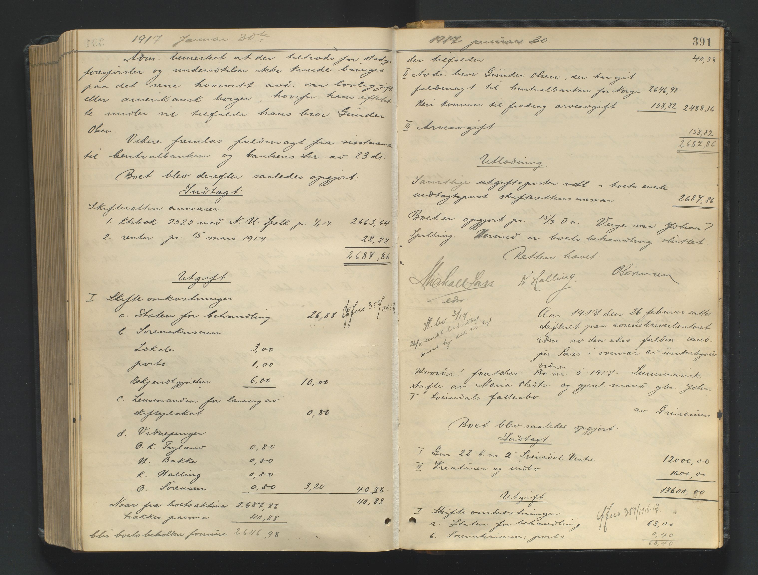 Mandal sorenskriveri, SAK/1221-0005/001/H/Hc/L0098: Skifteutlodningsprotokoll nr 7, 1910-1917, s. 391