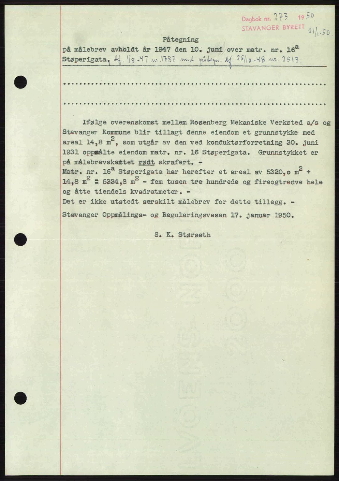Stavanger byrett, SAST/A-100455/002/G/Gb/L0024: Pantebok nr. A13, 1949-1950, Dagboknr: 273/1950