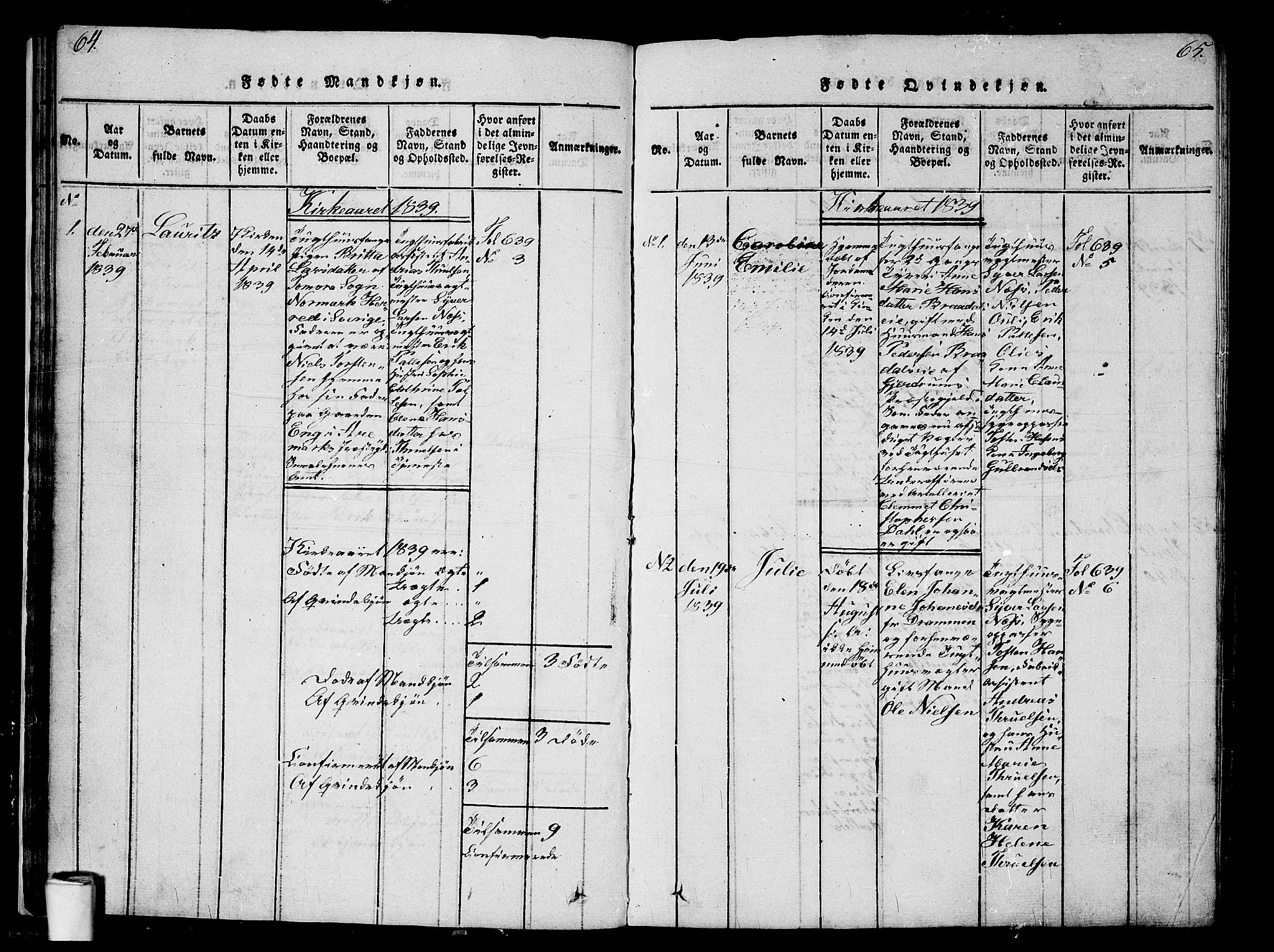 Kristiania tukthusprest Kirkebøker, AV/SAO-A-10881/G/Ga/L0001: Klokkerbok nr. 1, 1818-1857, s. 64-65