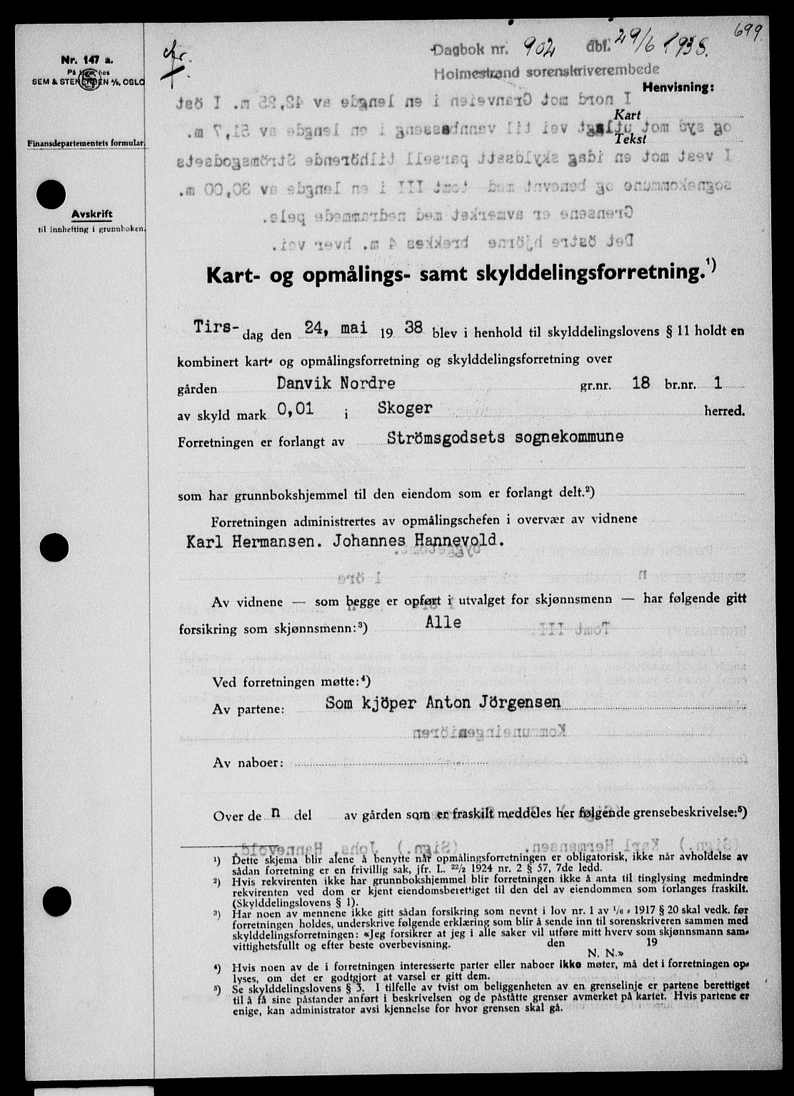 Holmestrand sorenskriveri, SAKO/A-67/G/Ga/Gaa/L0049: Pantebok nr. A-49, 1937-1938, Dagboknr: 902/1938