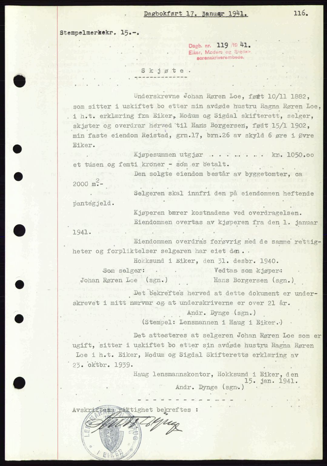 Eiker, Modum og Sigdal sorenskriveri, SAKO/A-123/G/Ga/Gab/L0043: Pantebok nr. A13, 1940-1941, Dagboknr: 119/1941