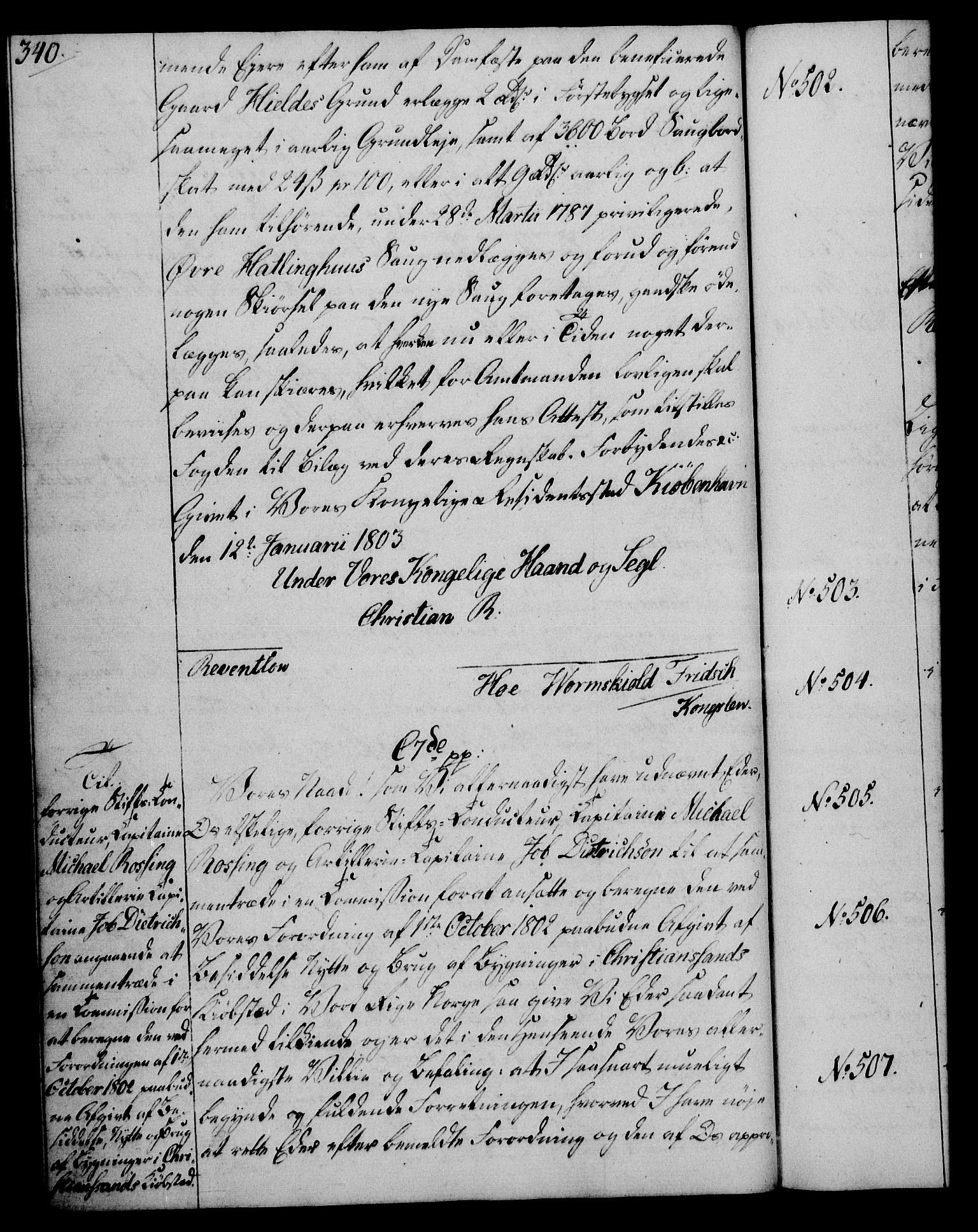 Rentekammeret, Kammerkanselliet, RA/EA-3111/G/Gg/Gga/L0017: Norsk ekspedisjonsprotokoll med register (merket RK 53.17), 1801-1803, s. 340