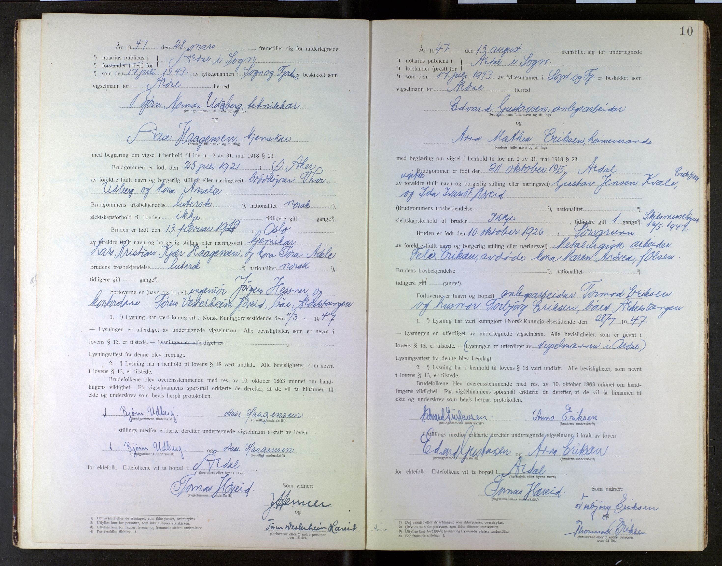 Indre Sogn tingrett, AV/SAB-A-3301/1/L/La/Lab/L0001: Vigselsbok Årdal, 1920-1969, s. 10