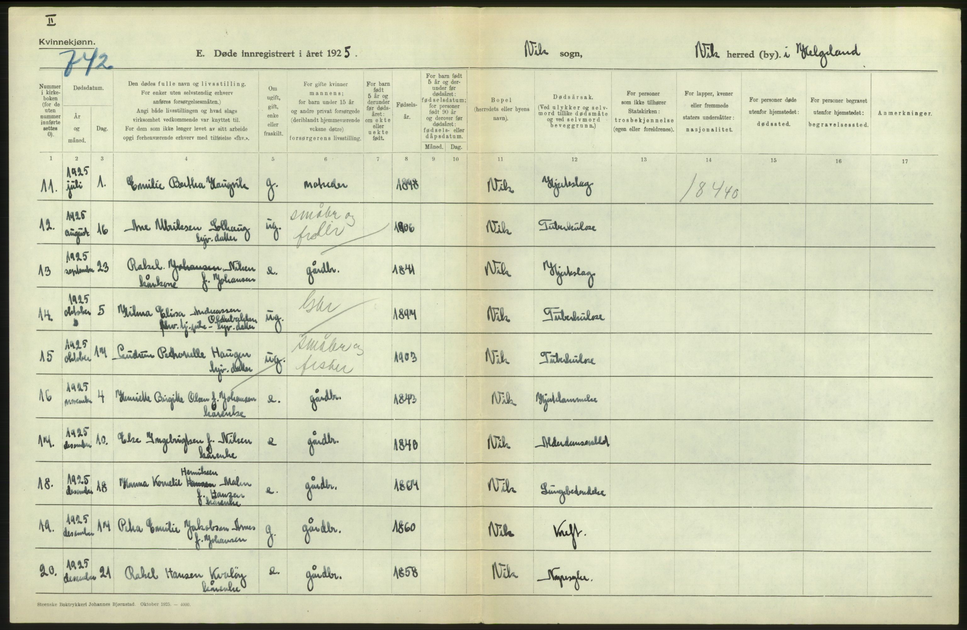 Statistisk sentralbyrå, Sosiodemografiske emner, Befolkning, AV/RA-S-2228/D/Df/Dfc/Dfce/L0043: N. Trøndelag fylke: Døde. Bygder og byer., 1925, s. 316