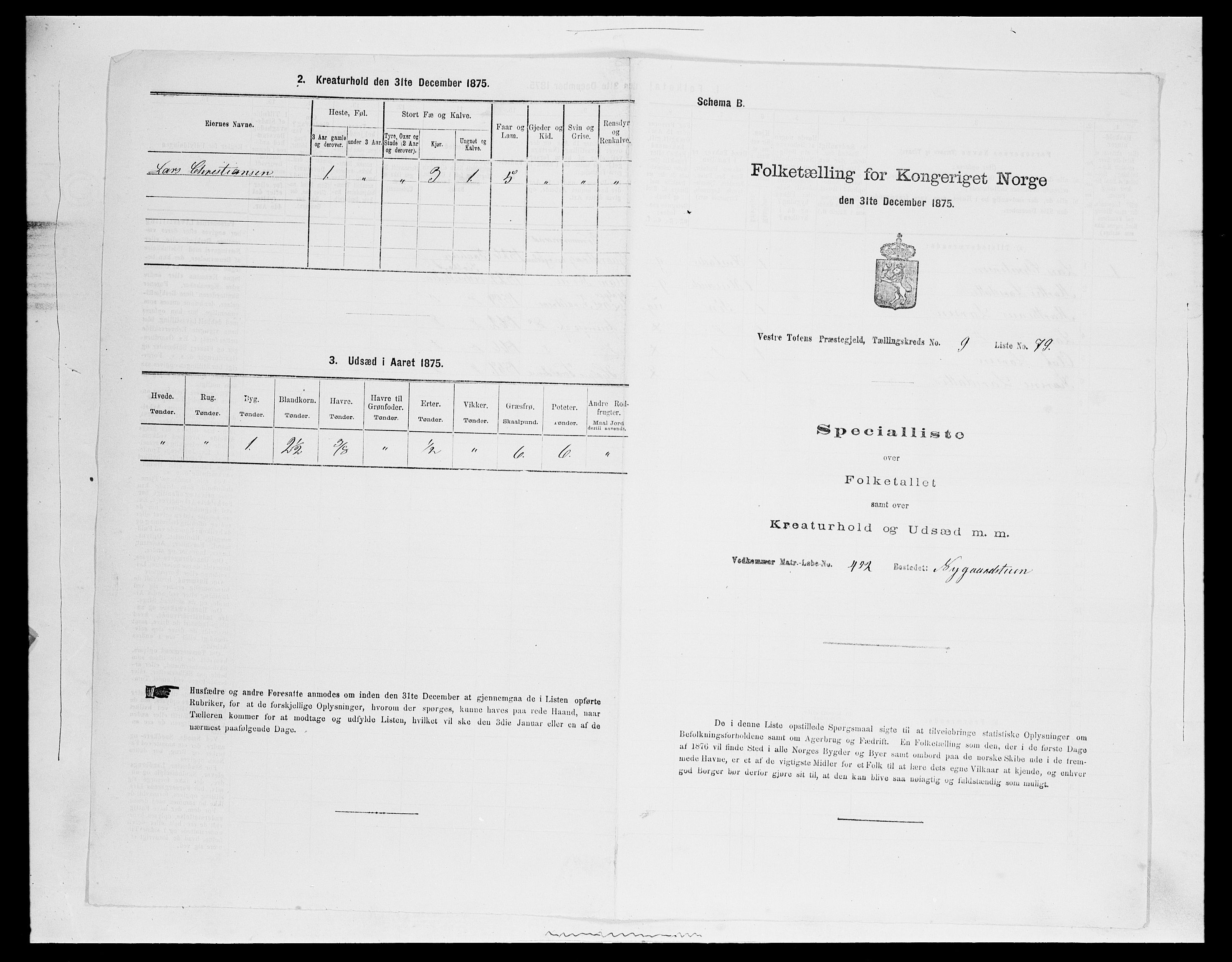 SAH, Folketelling 1875 for 0529P Vestre Toten prestegjeld, 1875, s. 1851