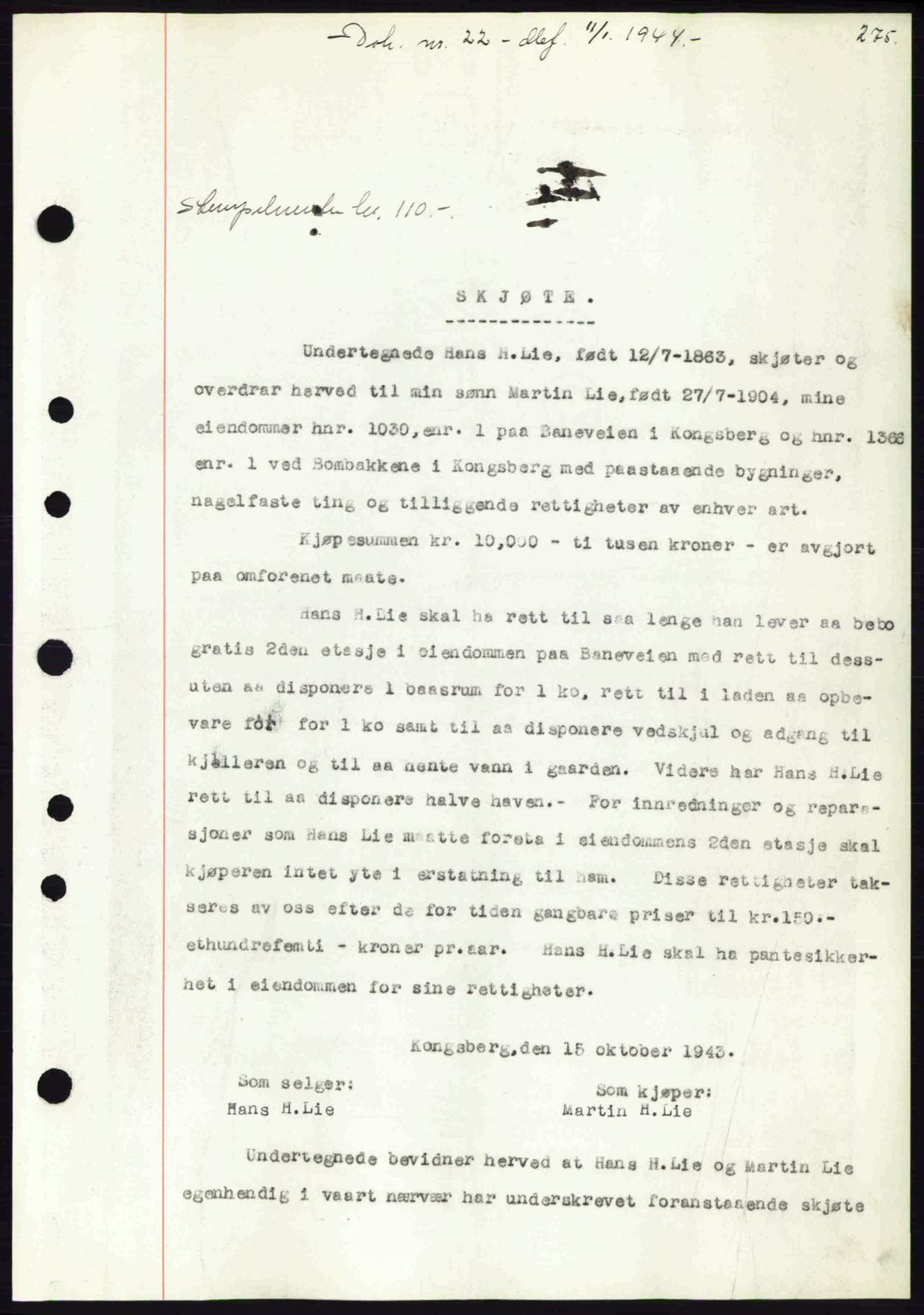 Numedal og Sandsvær sorenskriveri, SAKO/A-128/G/Ga/Gaa/L0055: Pantebok nr. A7, 1943-1944, Dagboknr: 22/1944