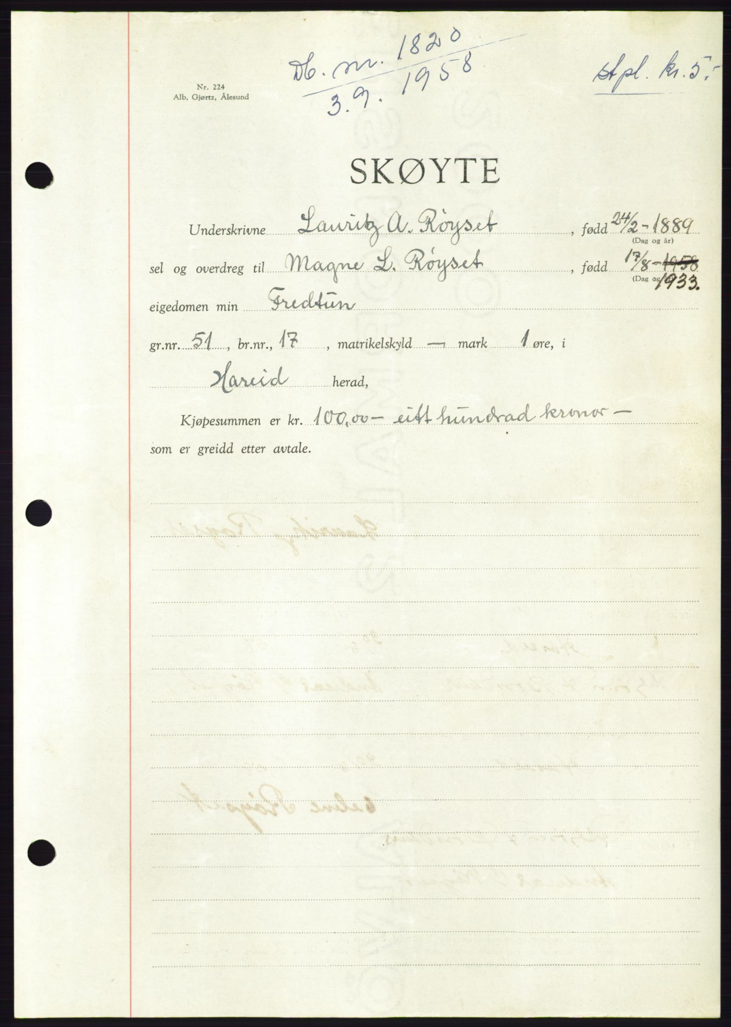 Søre Sunnmøre sorenskriveri, AV/SAT-A-4122/1/2/2C/L0110: Pantebok nr. 36A, 1958-1958, Dagboknr: 1820/1958