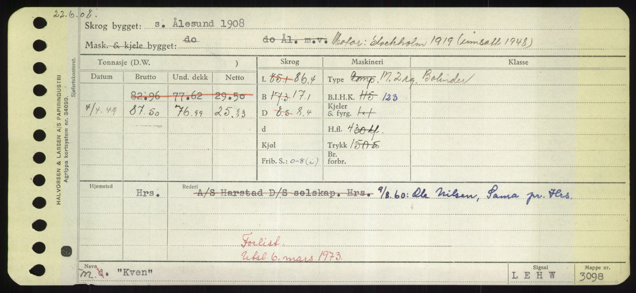 Sjøfartsdirektoratet med forløpere, Skipsmålingen, RA/S-1627/H/Hd/L0021: Fartøy, Kor-Kår, s. 305