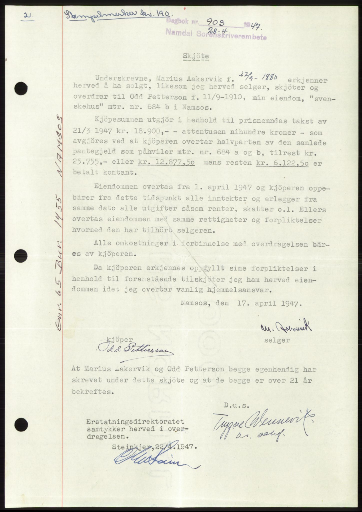 Namdal sorenskriveri, SAT/A-4133/1/2/2C: Pantebok nr. -, 1947-1947, Dagboknr: 903/1947