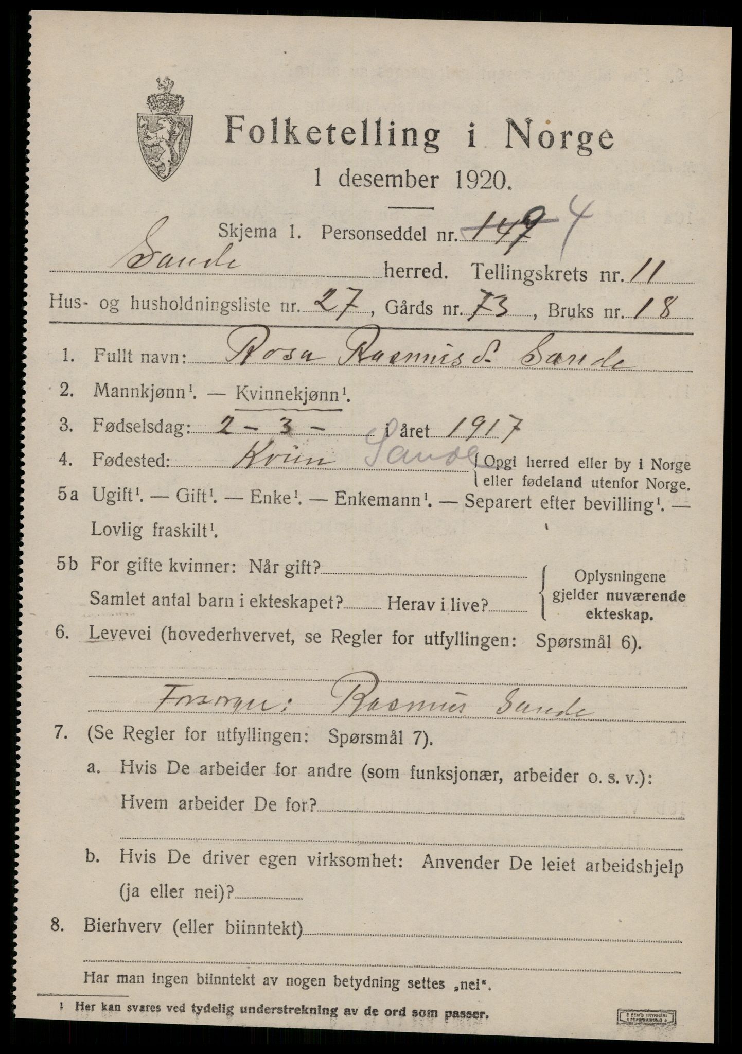 SAT, Folketelling 1920 for 1514 Sande herred, 1920, s. 6030