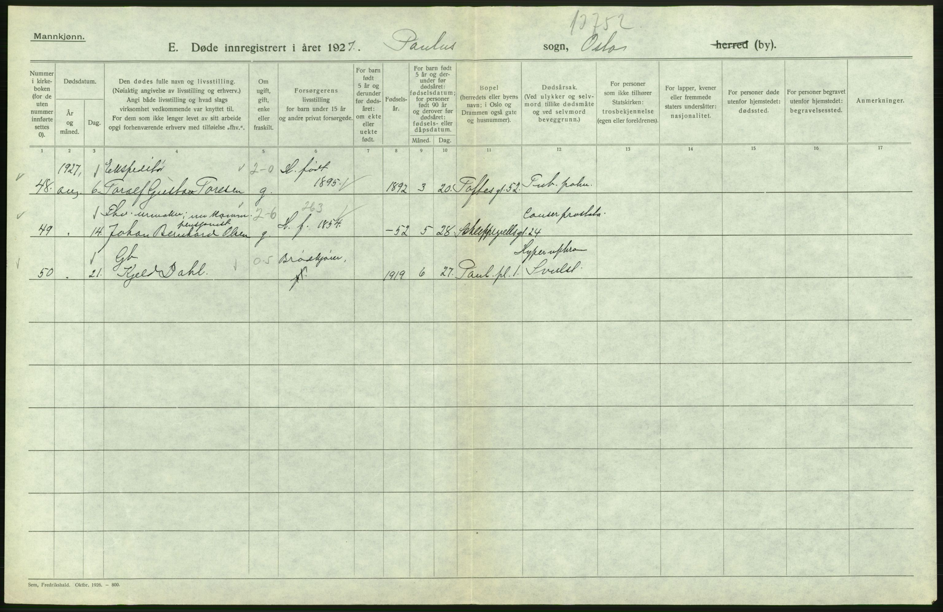 Statistisk sentralbyrå, Sosiodemografiske emner, Befolkning, AV/RA-S-2228/D/Df/Dfc/Dfcg/L0009: Oslo: Døde menn, 1927, s. 362