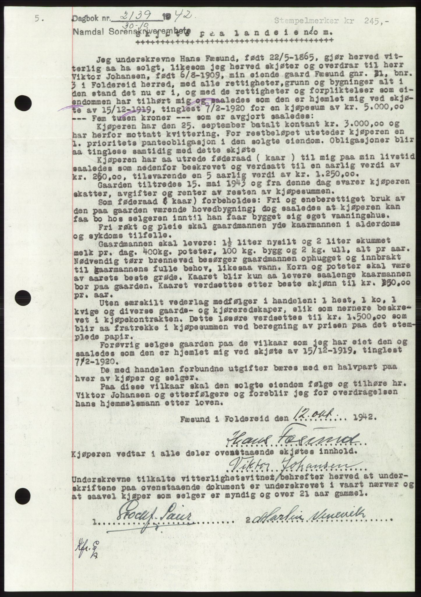 Namdal sorenskriveri, SAT/A-4133/1/2/2C: Pantebok nr. -, 1942-1943, Dagboknr: 2139/1942