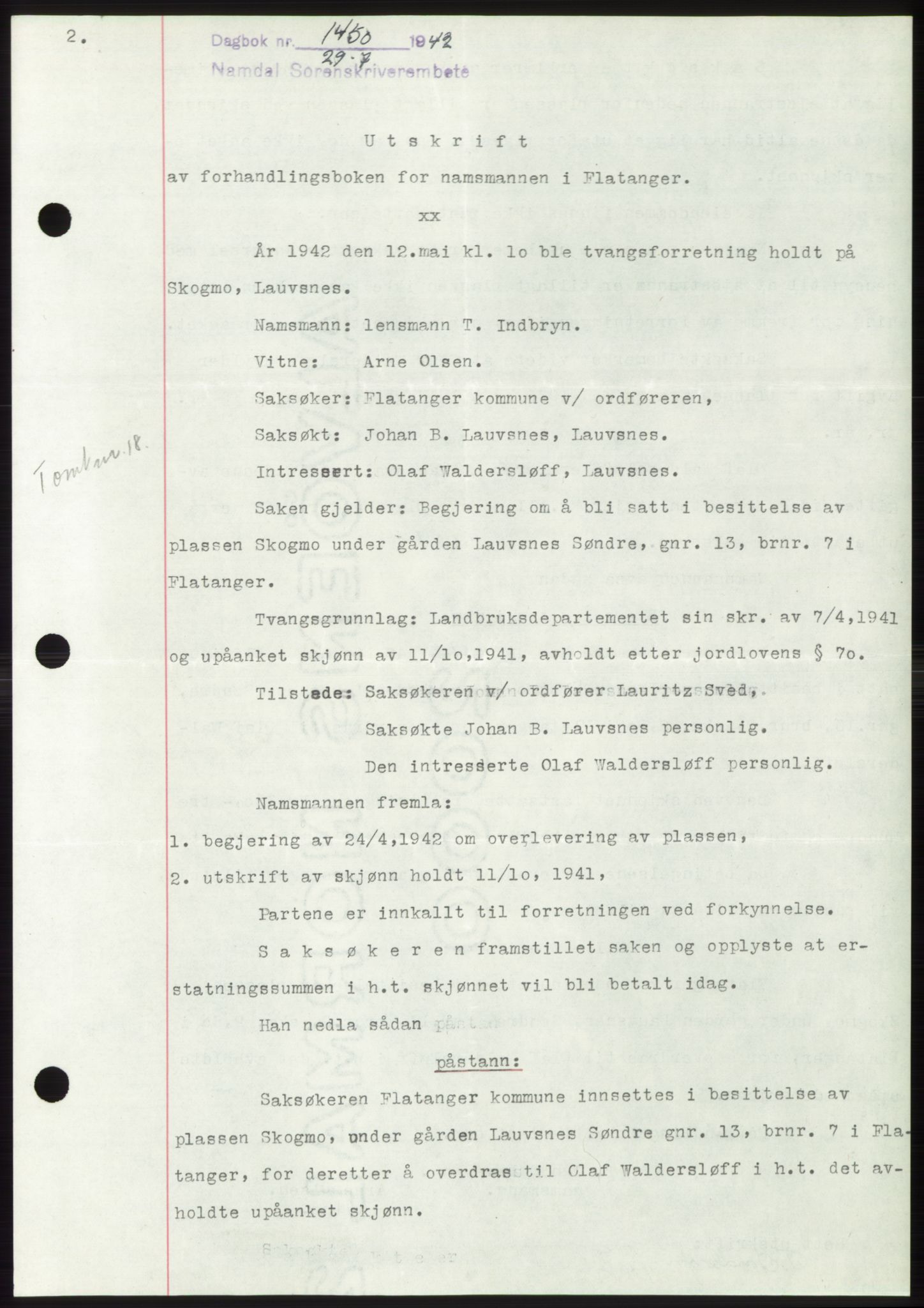 Namdal sorenskriveri, SAT/A-4133/1/2/2C: Pantebok nr. -, 1942-1943, Dagboknr: 1450/1942