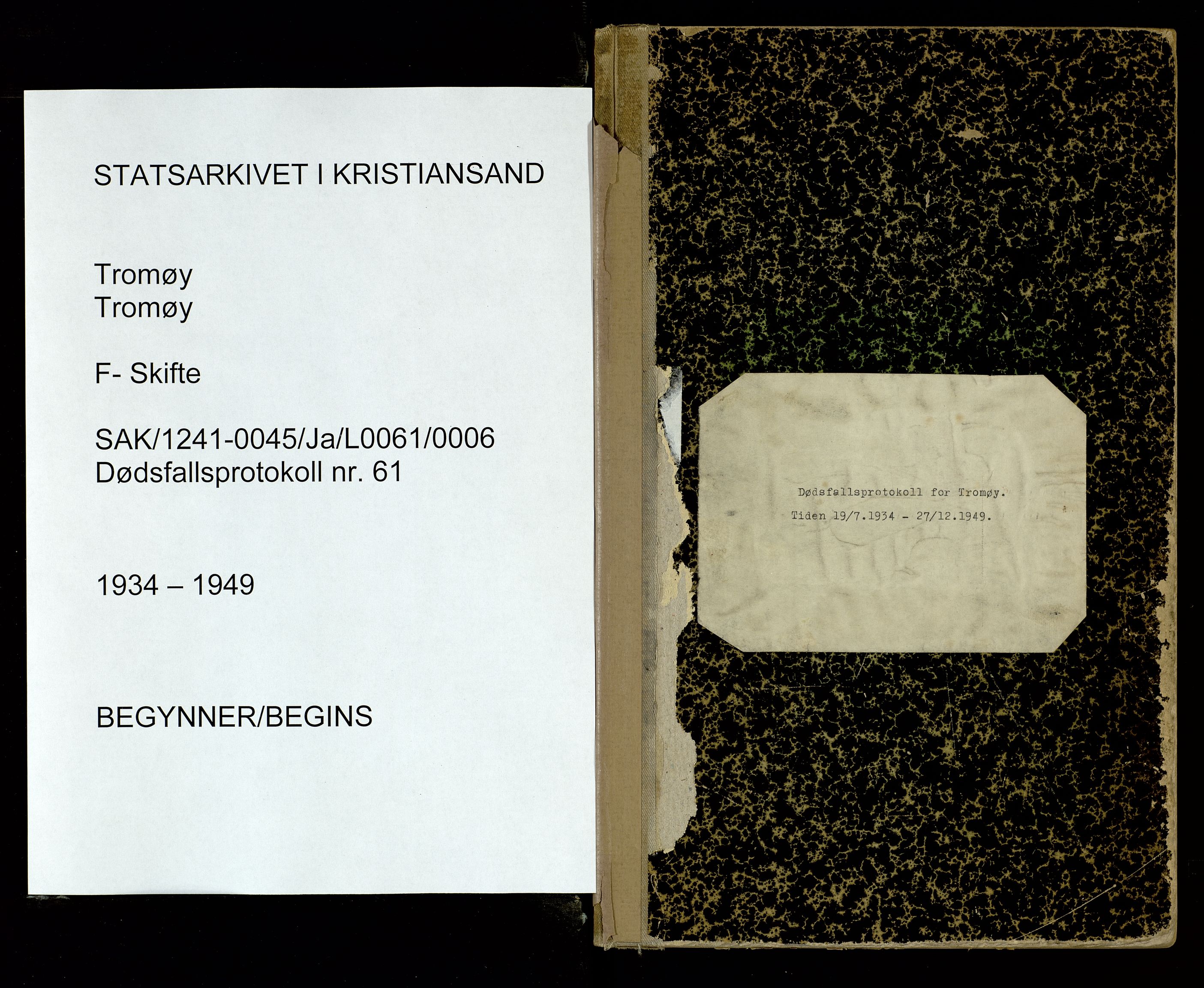 Tromøy lensmannskontor, SAK/1241-0045/Ja/L0061/0006: Inn- og utflyttet/Dødsfall / Dødsfallsprotokoll, 1934-1949