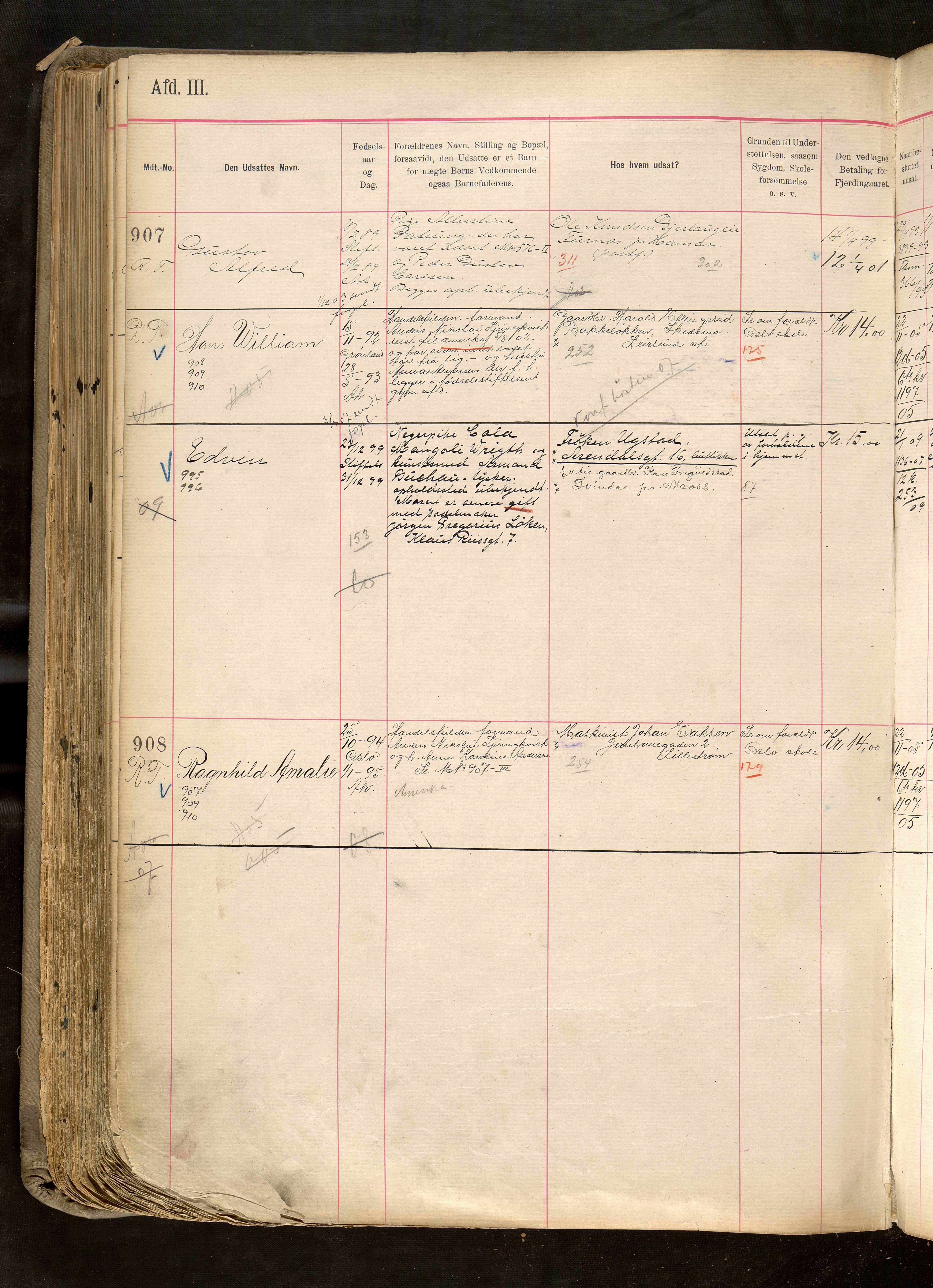 Fattigvesenet, OBA/A-20045/H/Hd/L0006: Manntallsprotokoll. Mnr. 501-1000, 1897-1910, s. 487