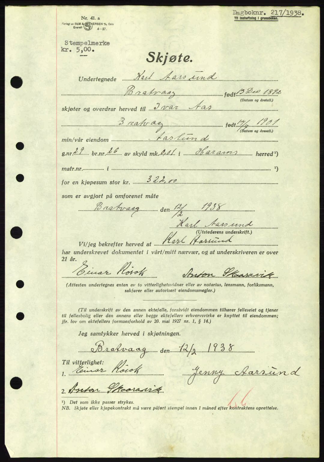 Nordre Sunnmøre sorenskriveri, AV/SAT-A-0006/1/2/2C/2Ca: Pantebok nr. A4, 1937-1938, Dagboknr: 217/1938