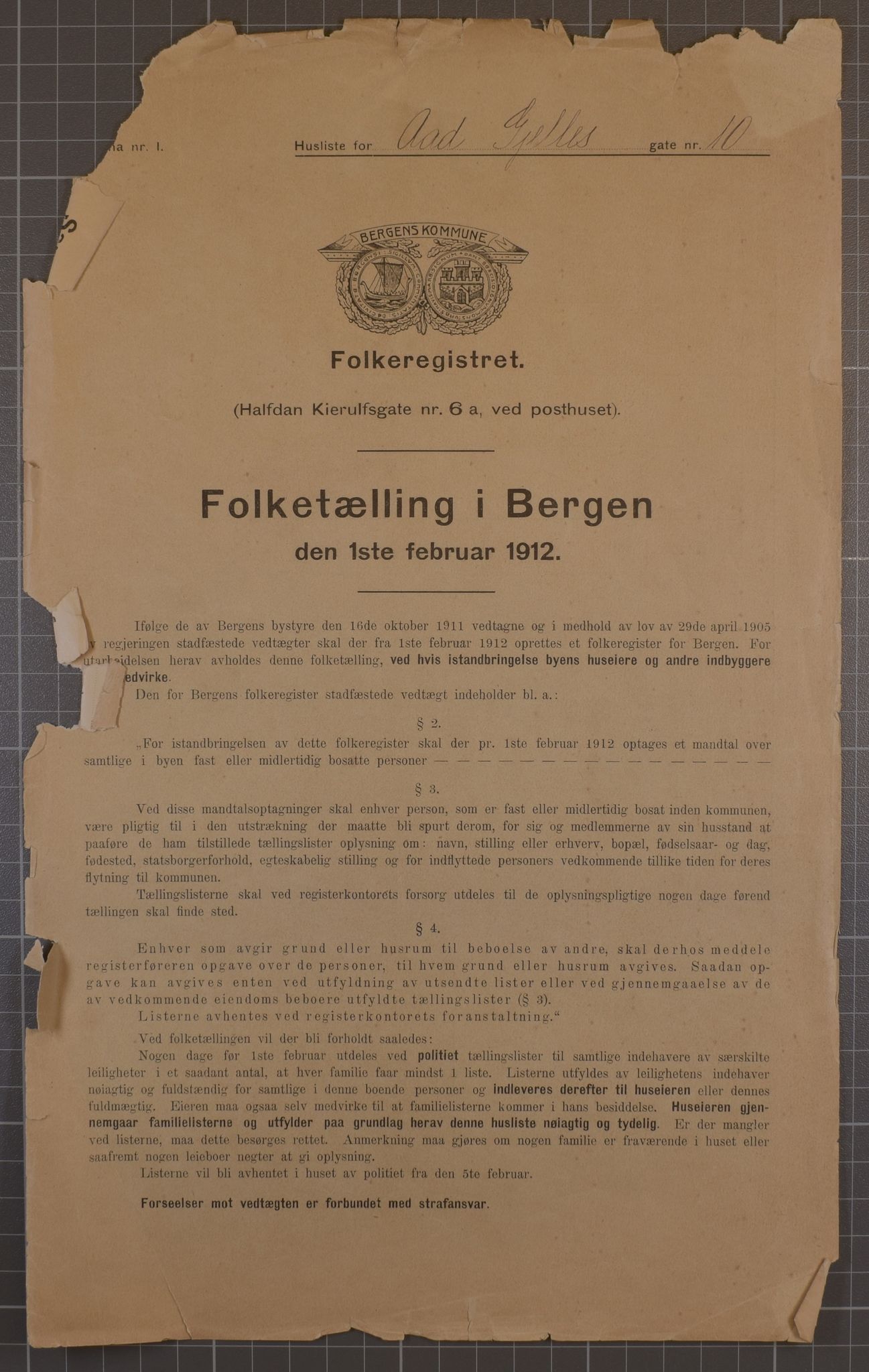 SAB, Kommunal folketelling 1912 for Bergen kjøpstad, 1912, s. 1