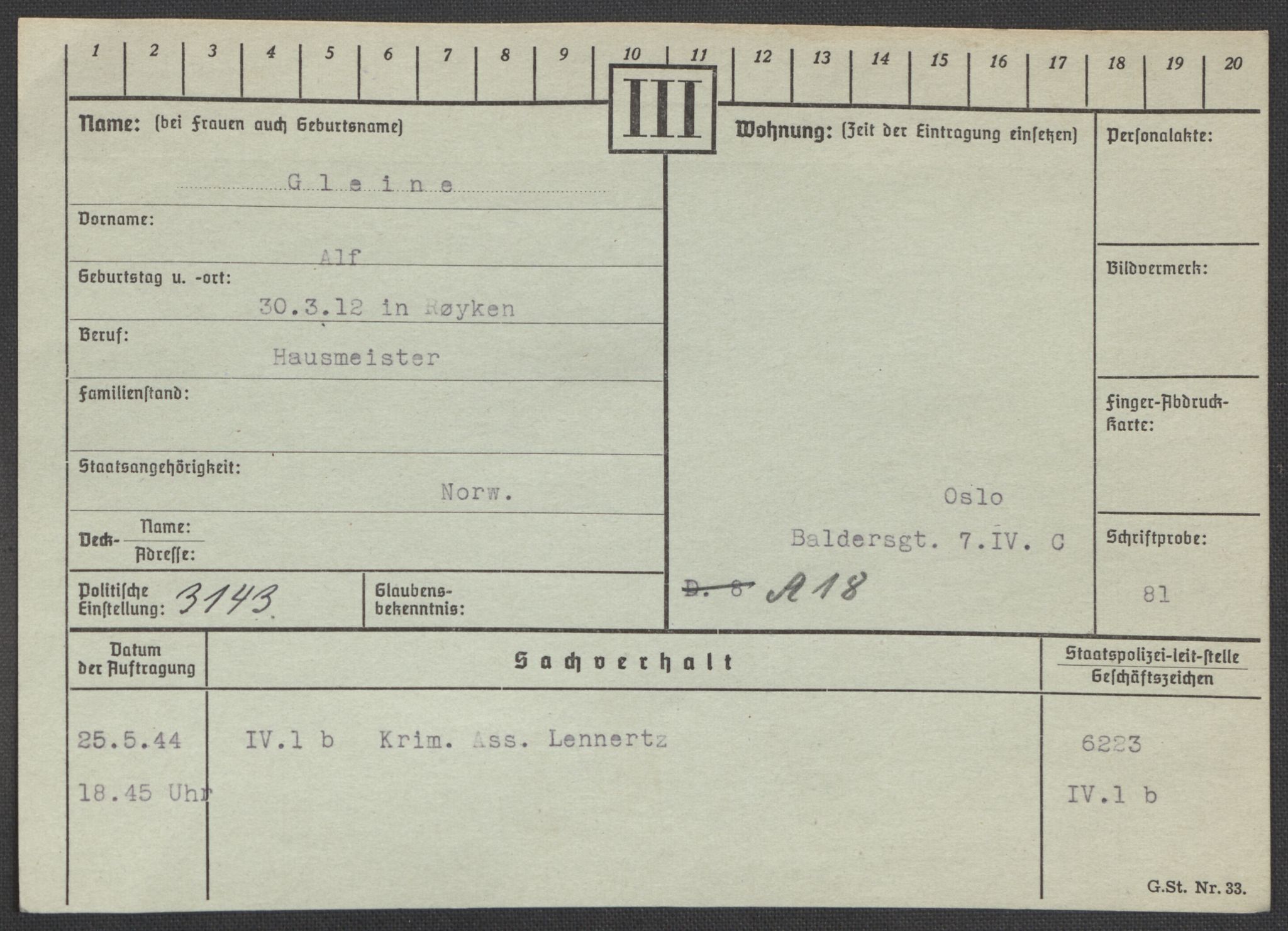 Befehlshaber der Sicherheitspolizei und des SD, RA/RAFA-5969/E/Ea/Eaa/L0003: Register over norske fanger i Møllergata 19: Eng-Hag, 1940-1945, s. 869