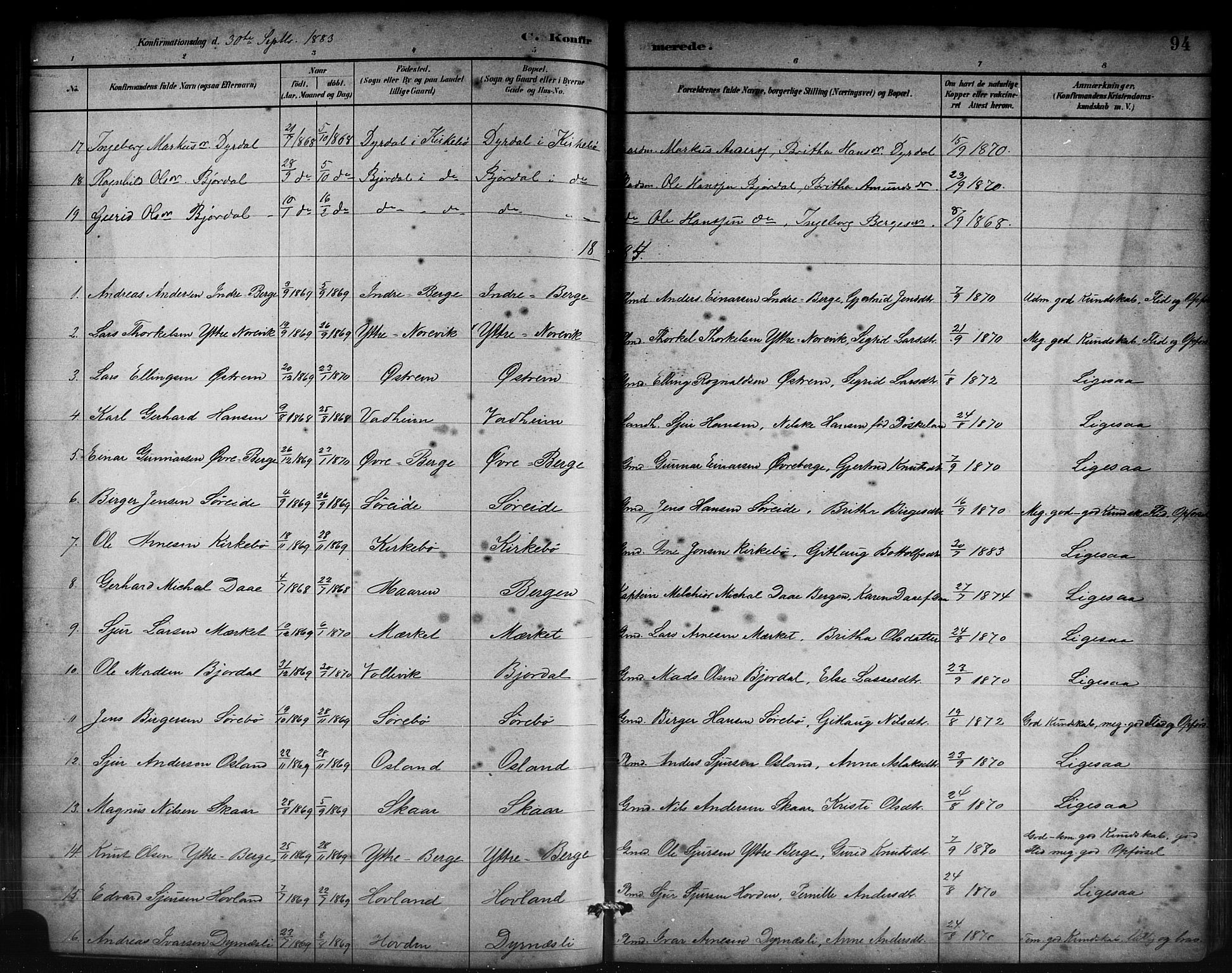 Lavik sokneprestembete, AV/SAB-A-80901: Klokkerbok nr. B 3, 1882-1913, s. 94