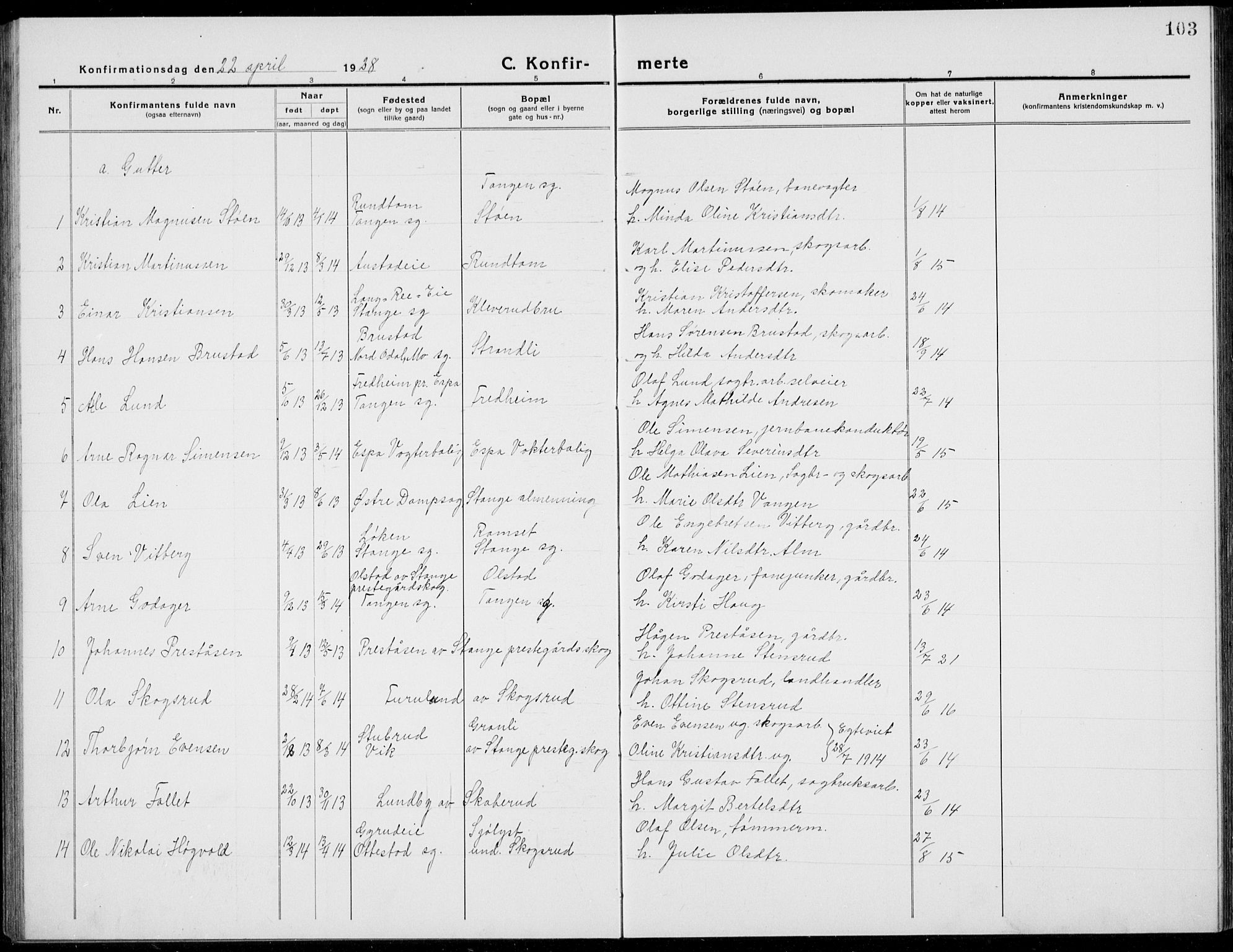 Stange prestekontor, SAH/PREST-002/L/L0017: Klokkerbok nr. 17, 1918-1936, s. 103