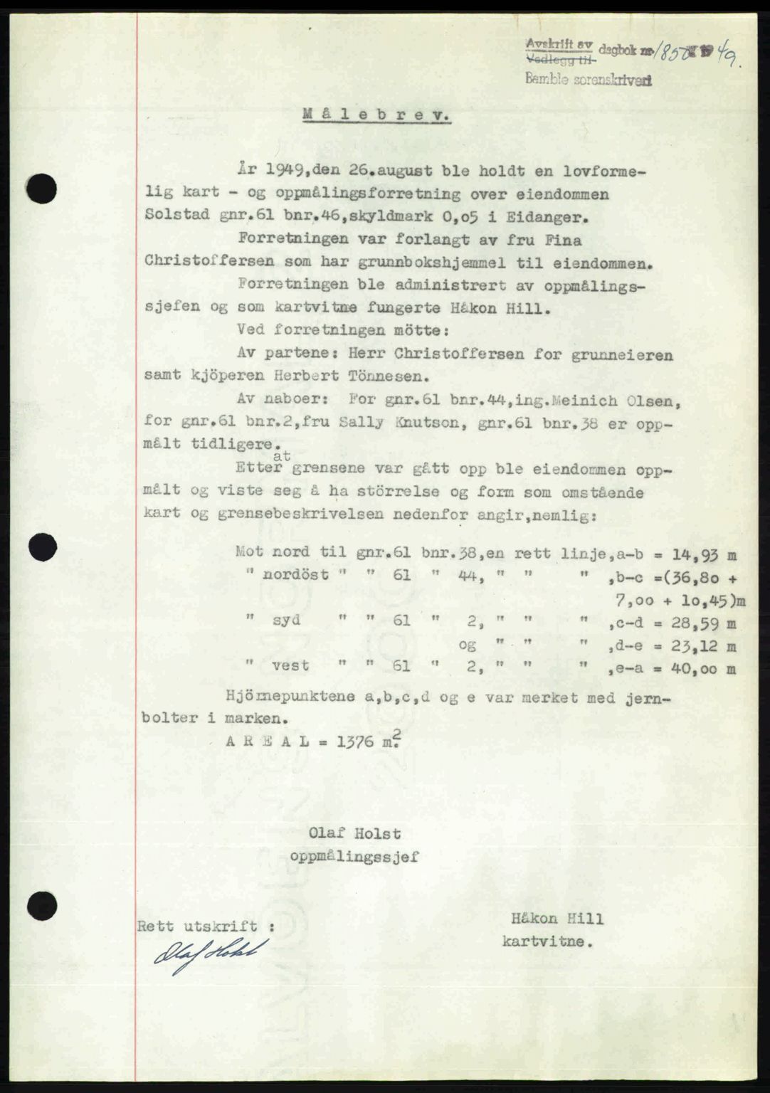 Bamble sorenskriveri, SAKO/A-214/G/Ga/Gag/L0015: Pantebok nr. A-15, 1949-1949, Dagboknr: 1857/1949
