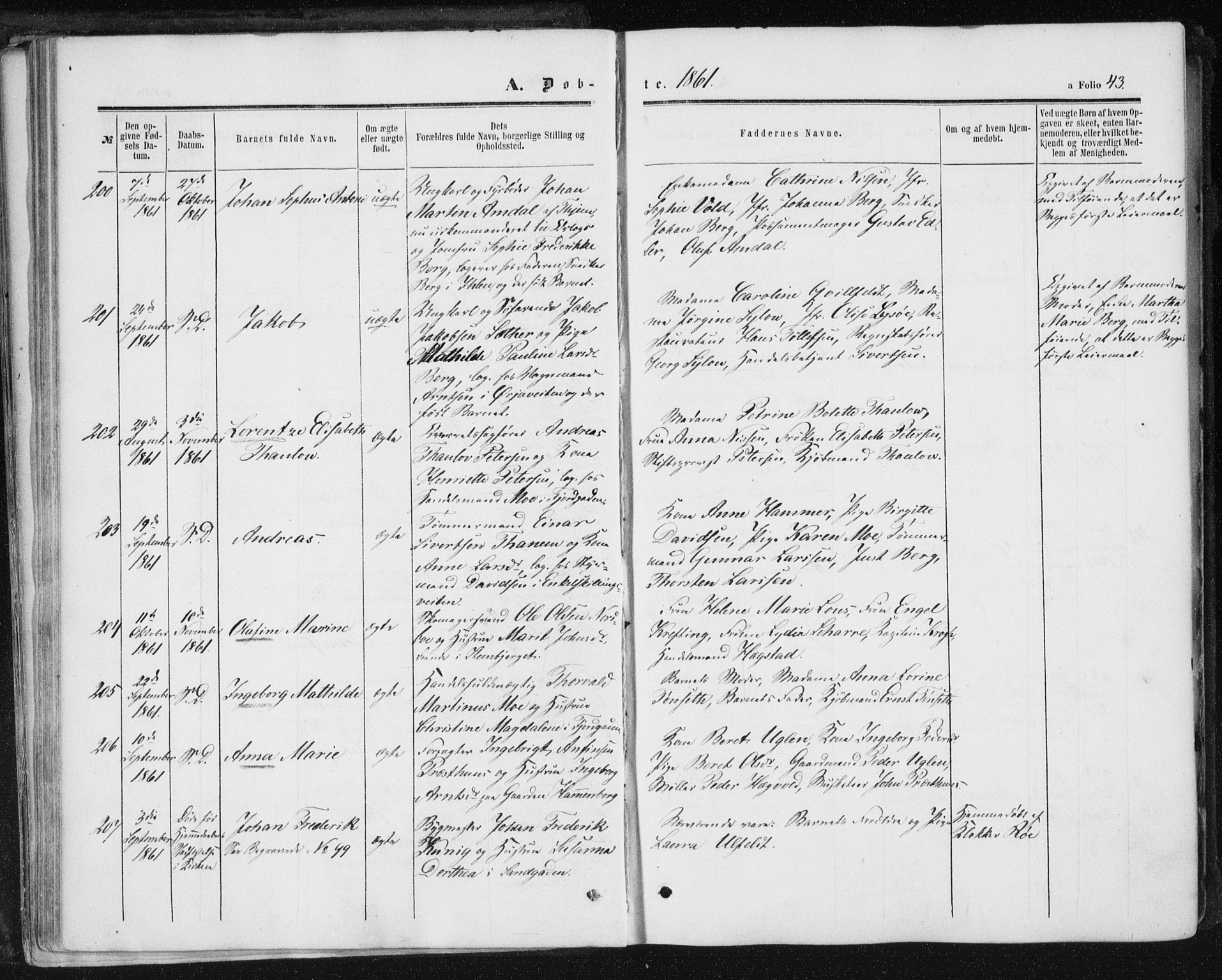 Ministerialprotokoller, klokkerbøker og fødselsregistre - Sør-Trøndelag, SAT/A-1456/602/L0115: Ministerialbok nr. 602A13, 1860-1872, s. 43