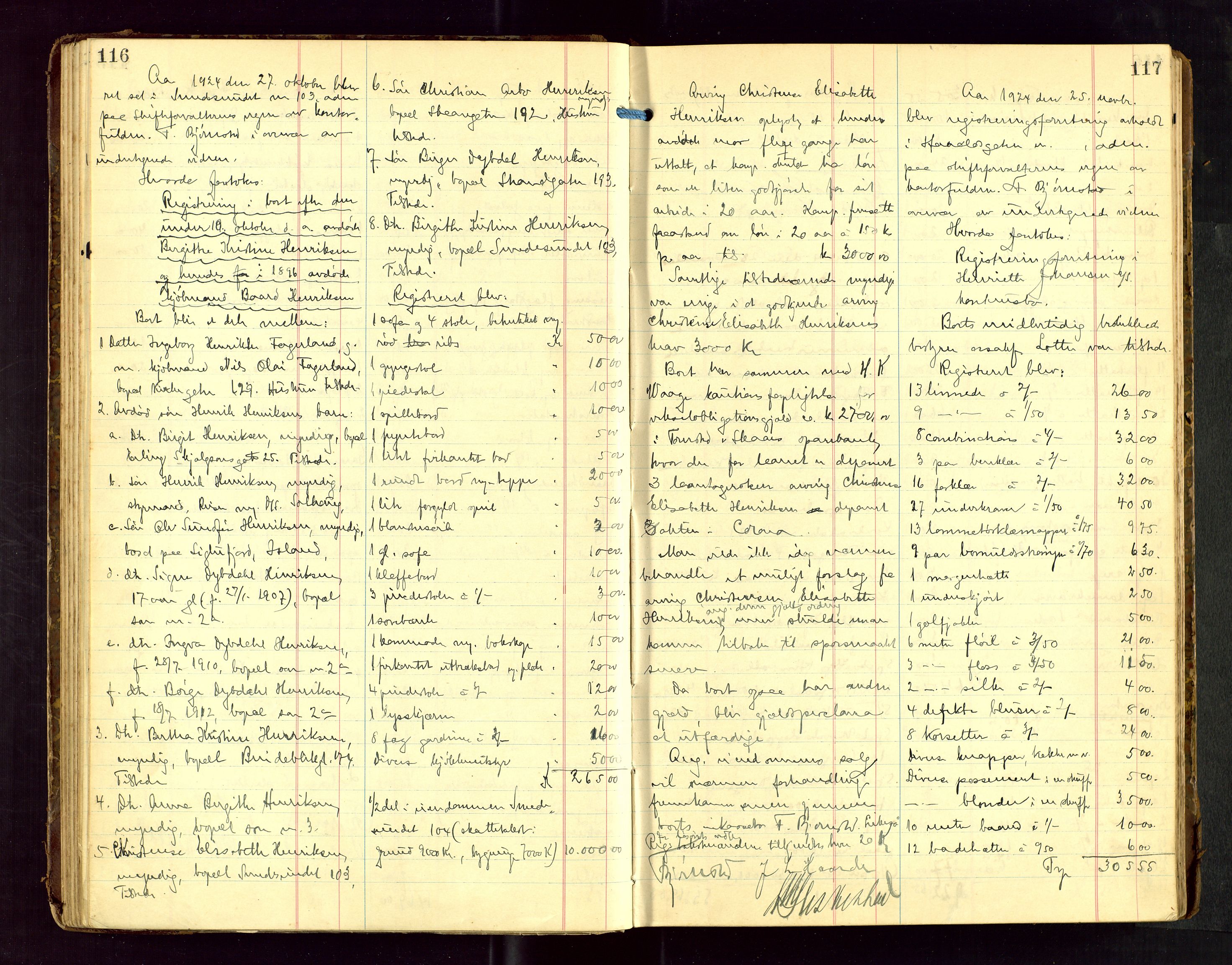 Haugesund tingrett, AV/SAST-A-101415/01/IV/IVB/L0005: Skifteregistreringsprotokoll, med register, 1923-1929, s. 116-117