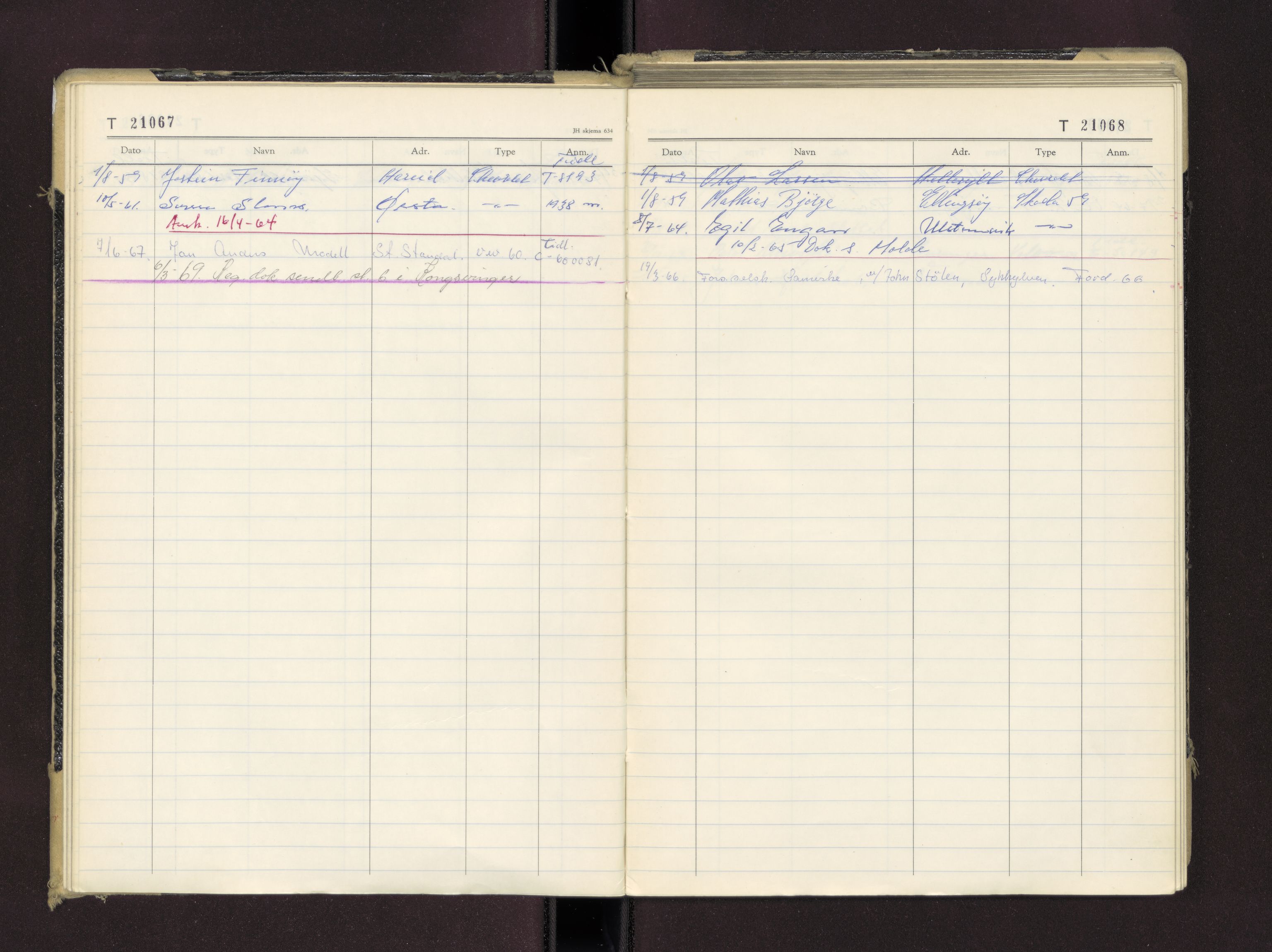 Møre og Romsdal vegkontor - Ålesund trafikkstasjon, AV/SAT-A-4099/F/Fc/L0016: Bilregister; T 21000 - T 21499, 1955-1970
